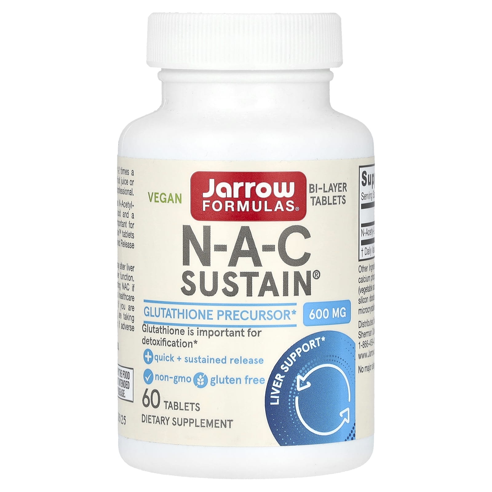 Jarrow Formulas, N-A-C (N-Acetyl-L-Cysteine) Sustain 600 mg, 60 Tablets UPC 790011077077 | HiLife Vitamins