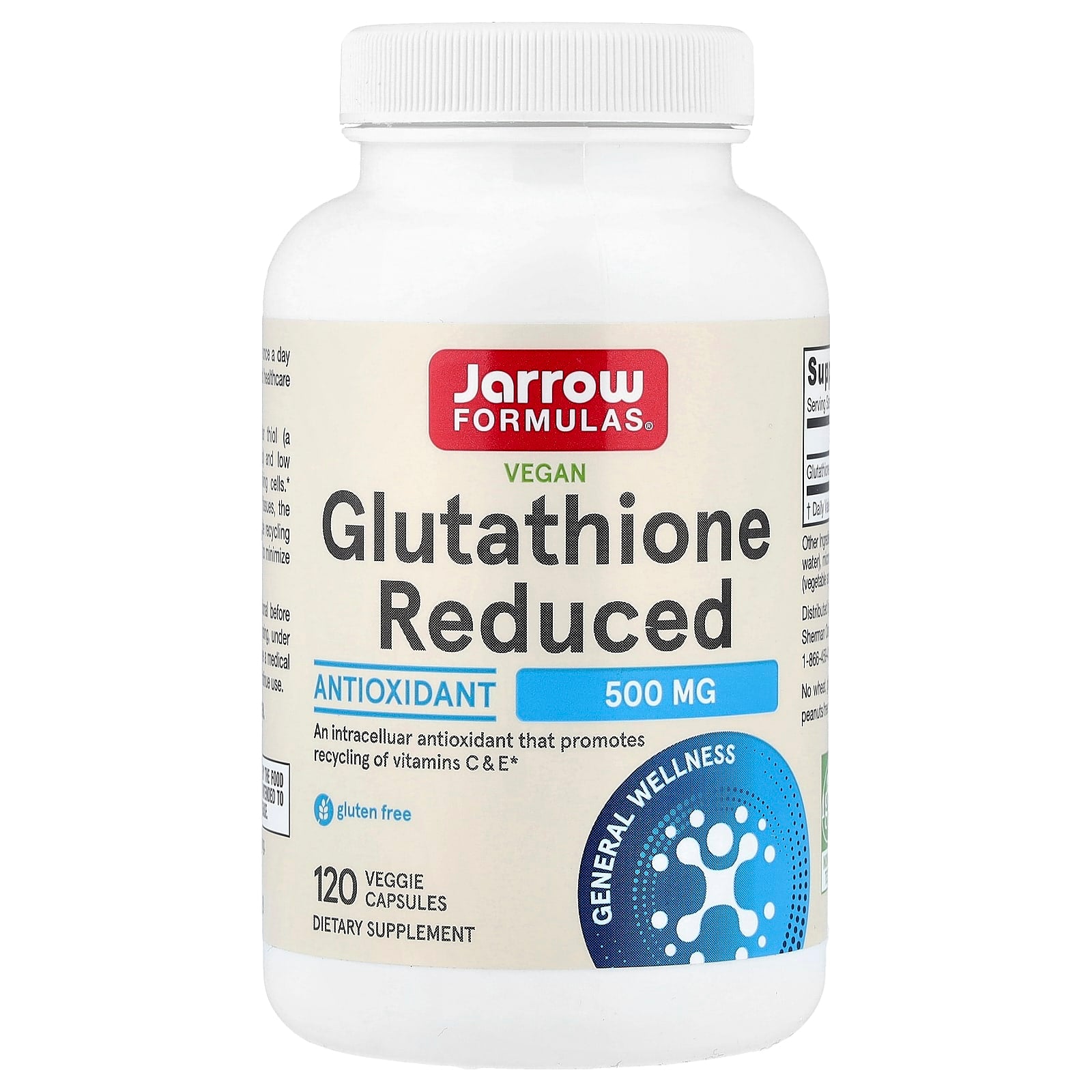 Jarrow Formulas, Glutathione Reduced, 500 mg, 120 Veggie Capsules UPC 790011150664 | HiLife Vitamins