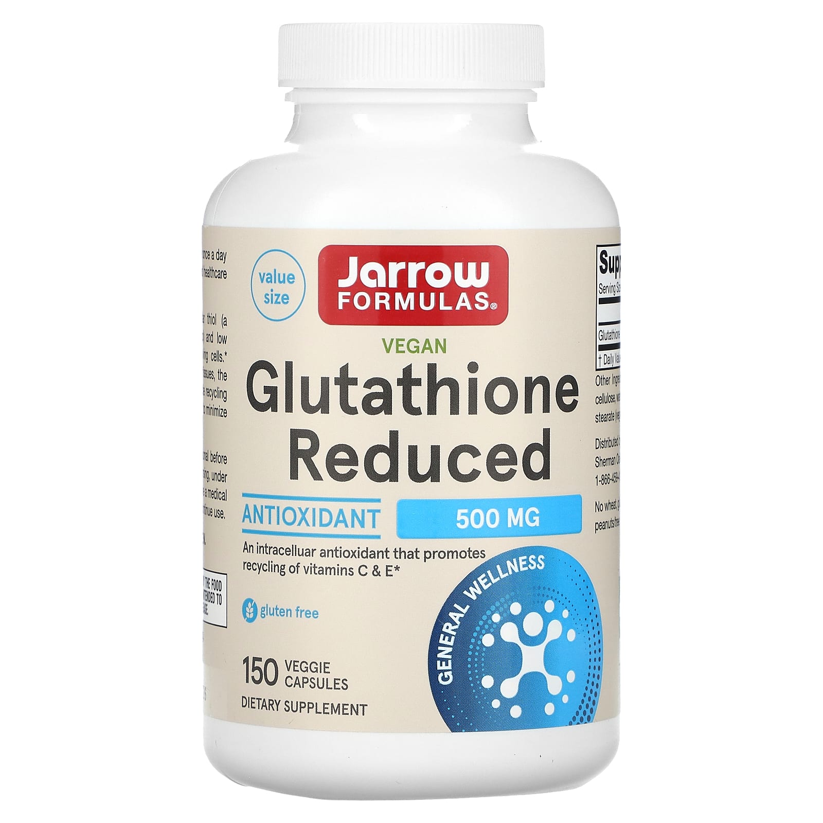 Jarrow Formulas, Glutathione Reduced, 500 mg, 150 Veggie Capsules UPC 790011150916 | HiLife Vitamins