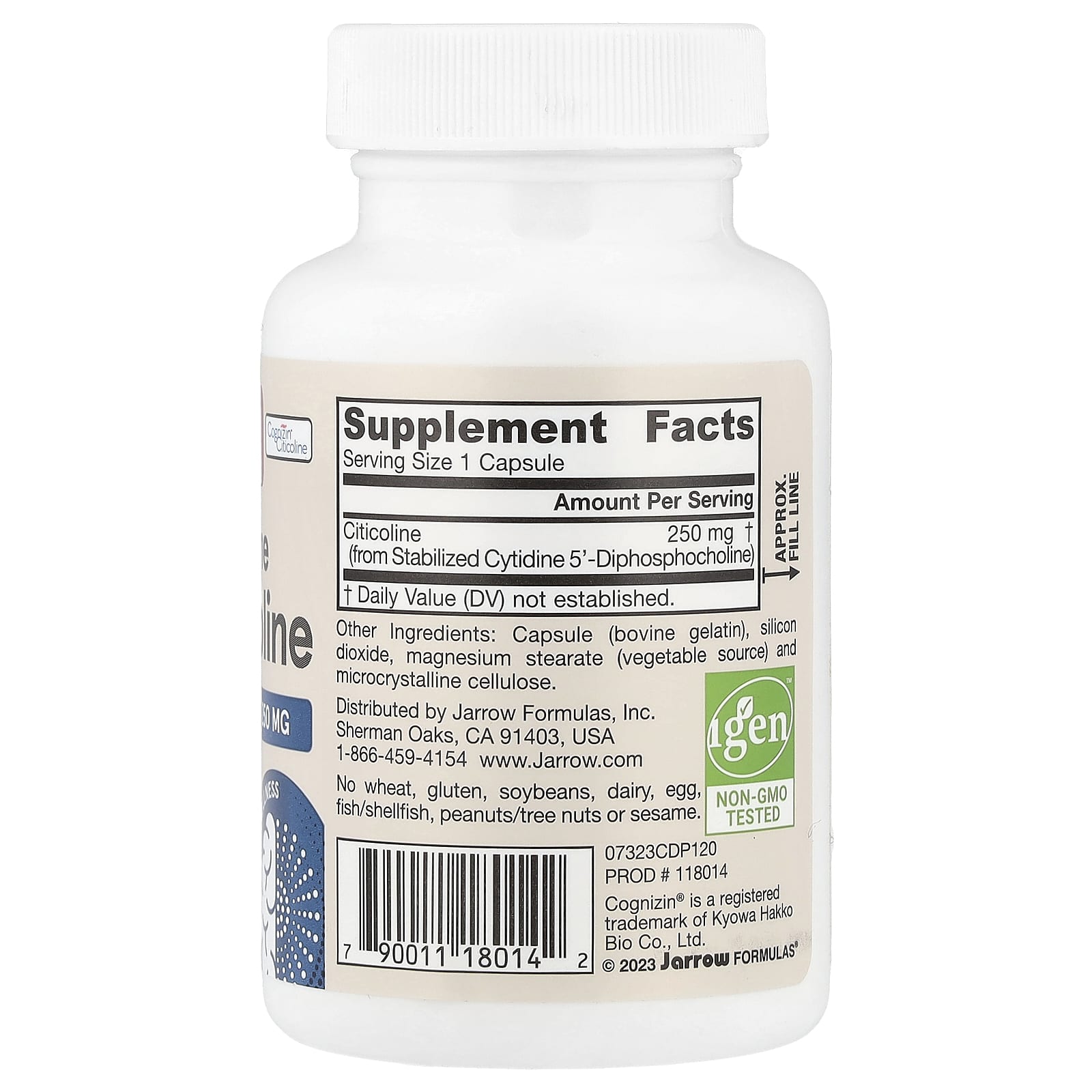 Jarrow Formulas, Citicoline, CDP Choline, 250 mg, 120 Capsules UPC 790011180142 | HiLife Vitamins
