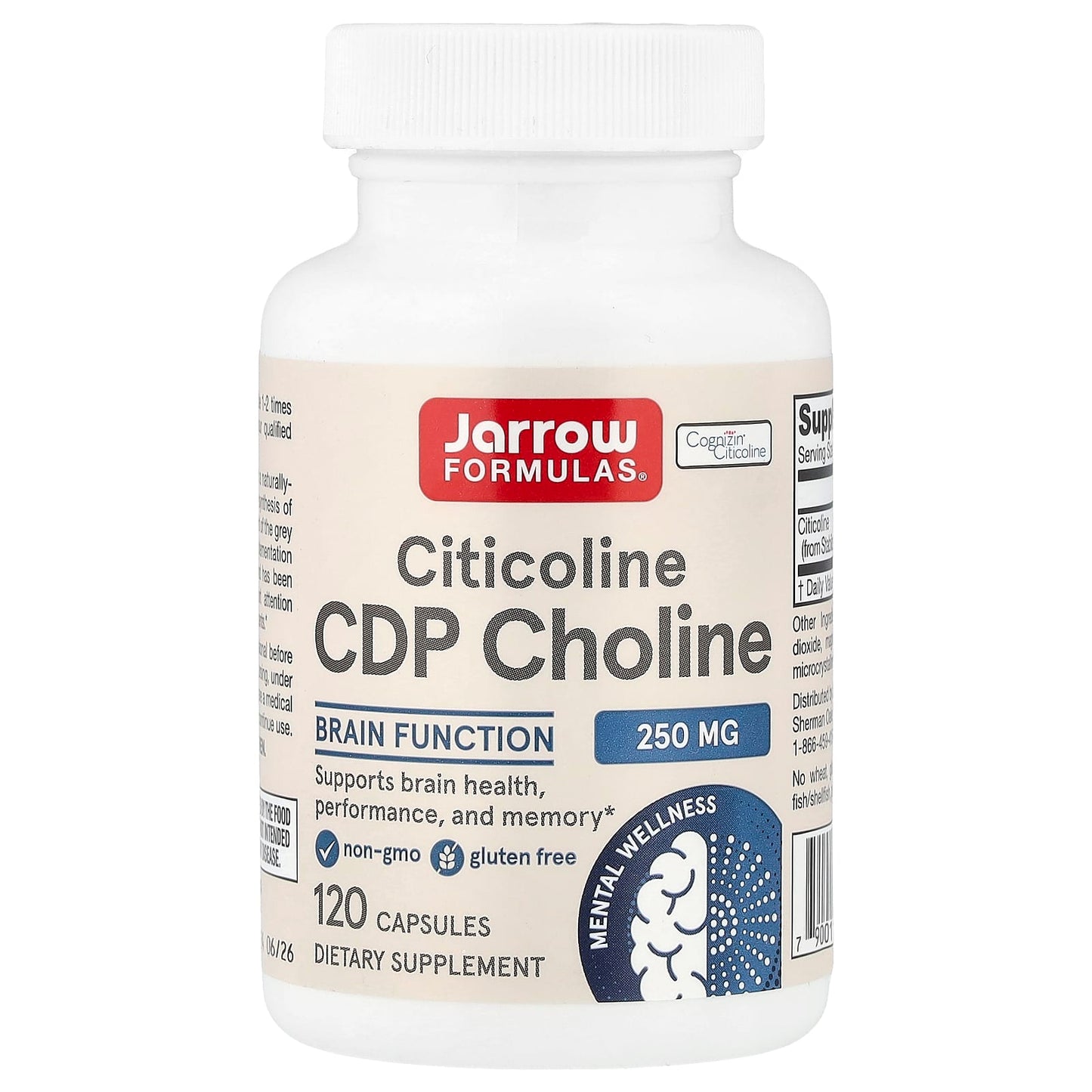 Jarrow Formulas, Citicoline, CDP Choline, 250 mg, 120 Capsules UPC 790011180142 | HiLife Vitamins