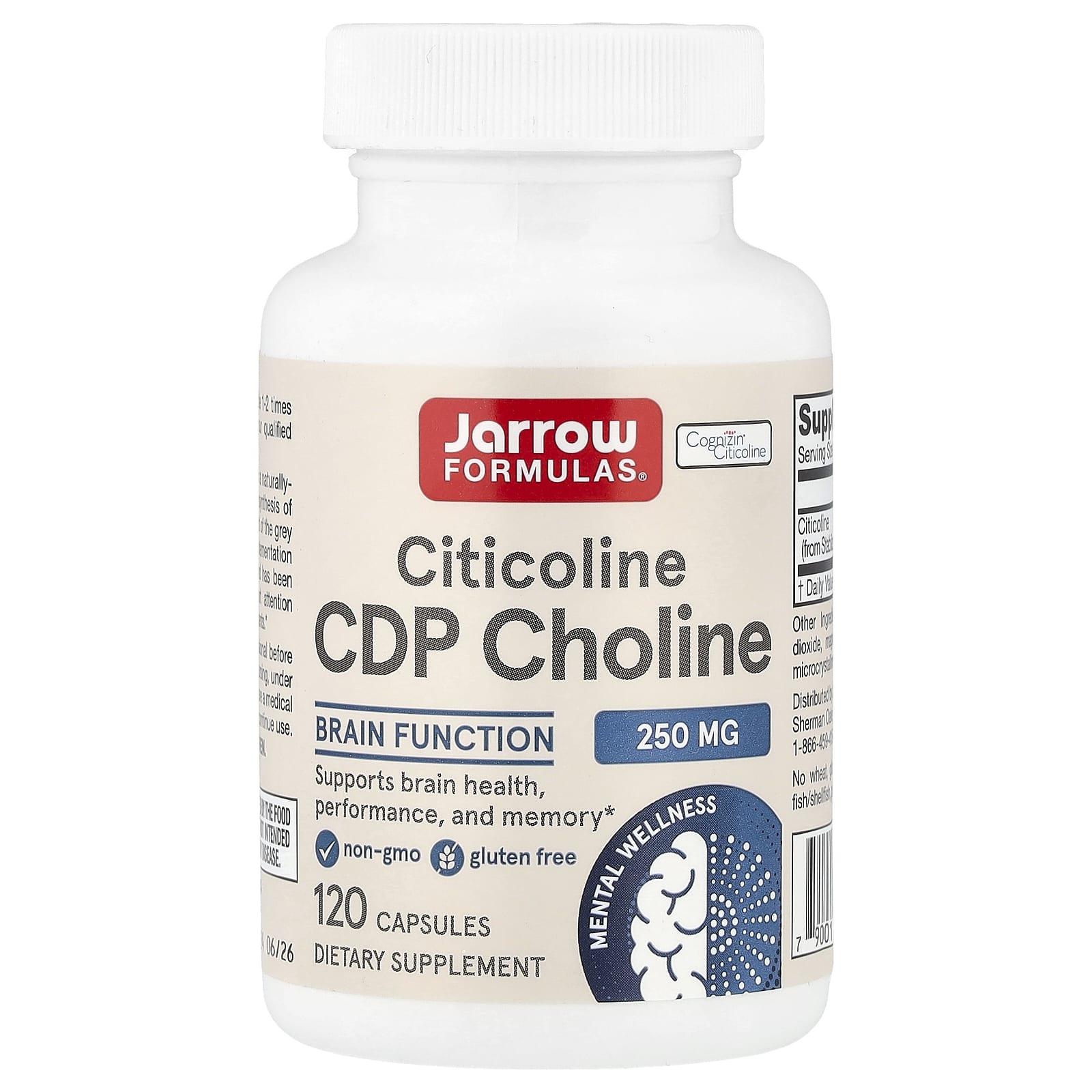 Jarrow Formulas, Citicoline, CDP Choline, 250 mg, 120 Capsules UPC 790011180142 | HiLife Vitamins