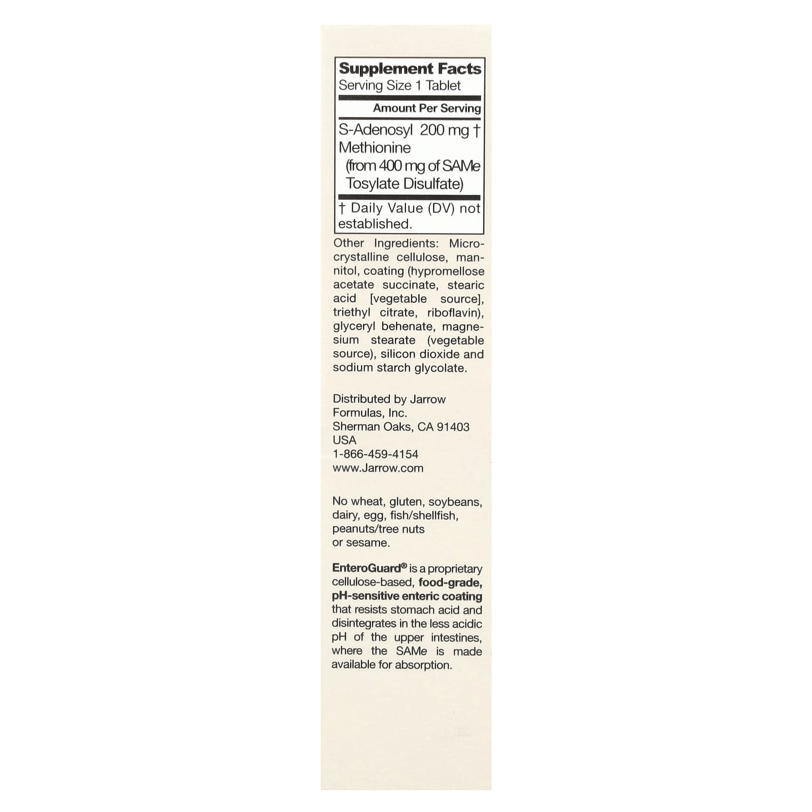 Jarrow Formulas, SAMe (Disulfate Tosylate), 200 mg, 20 Tablets UPC 790011200147 | HiLife Vitamins