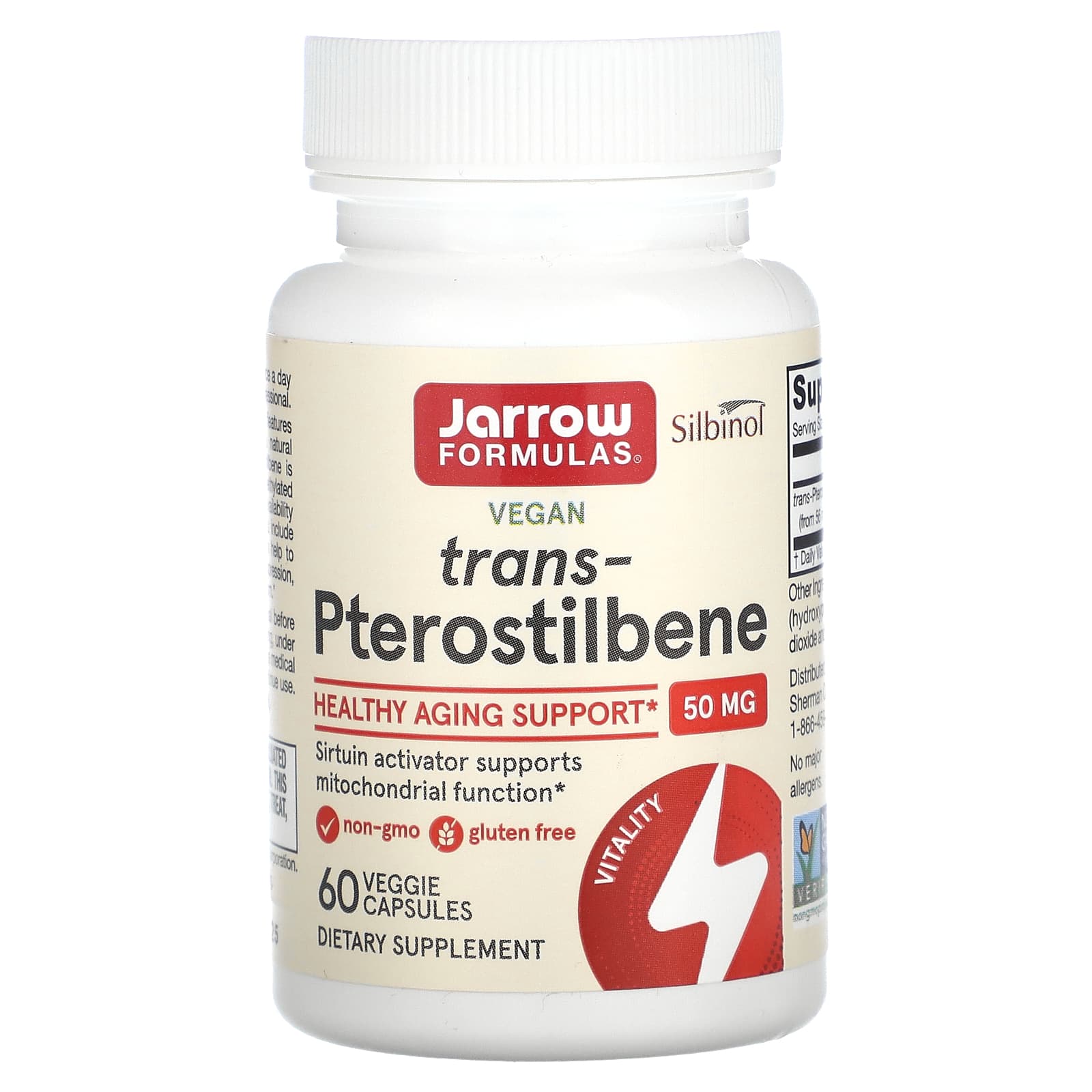Jarrow Formulas, Trans-Pterostilbene, 50 mg, 60 Veggie Caps UPC 790011200406 | HiLife Vitamins