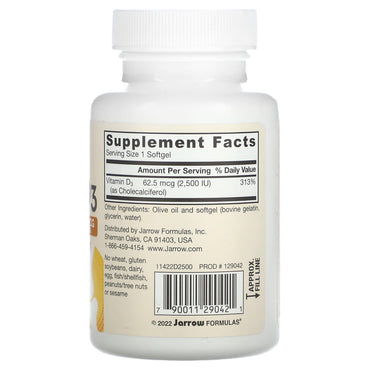 Jarrow Formulas, Vitamin D3, Cholecalciferol, 62.5 mcg (, 100 Softgels UPC 790011290421 | HiLife Vitamins