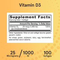 Jarrow Formulas, Vitamin D3, Cholecalciferol, 25 mcg (1,, 100 Softgels UPC 790011300038 | HiLife Vitamins