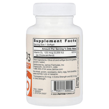 Jarrow Formulas, Vitamin D3, Cholecalciferol, 125 mcg (5, 100 Softgels UPC 790011300052 | Hilife Vitamins