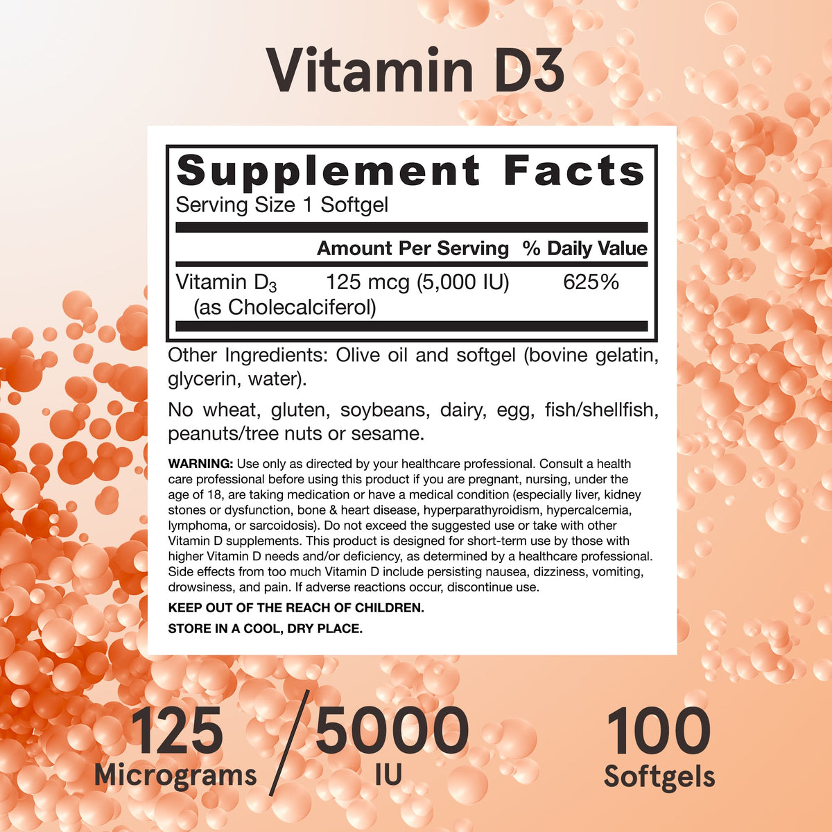 Jarrow Formulas, Vitamin D3, Cholecalciferol, 125 mcg (5, 100 Softgels UPC 790011300052 | Hilife Vitamins