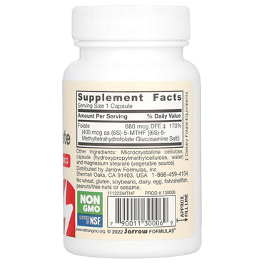 Jarrow Formulas, Methyl Folate, 400 mcg, 60 Veggie Caps UPC 790011300069 | HiLife Vitamins