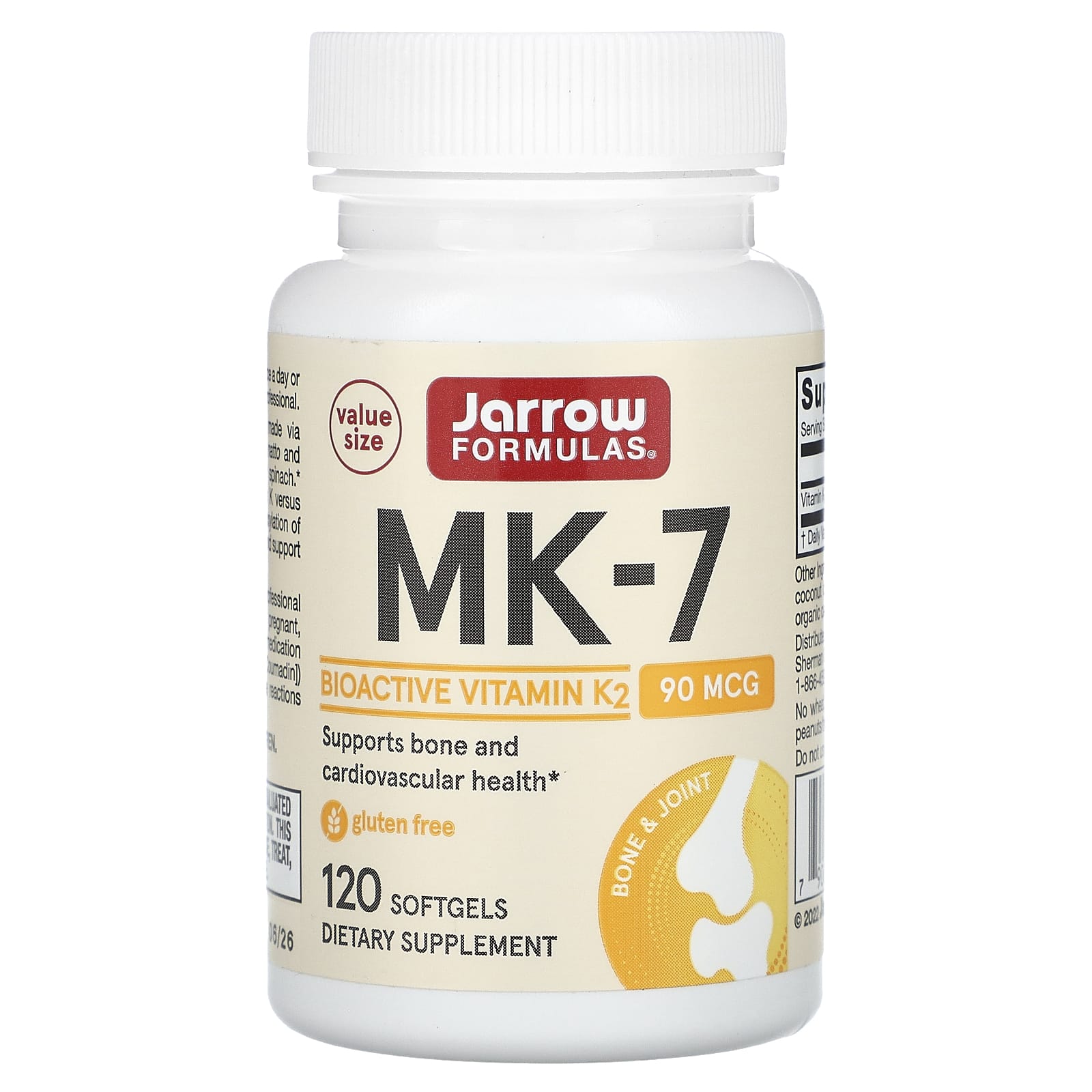 Jarrow Formulas, MK-7, Vitamin K2 as MK-7, 90 mcg, 120 Softgels UPC 790011300076 | HiLife Vitamins