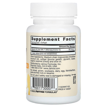 Jarrow Formulas, MK-7, Vitamin K2 as MK-7, 90 mcg, 120 Softgels UPC 790011300076 | HiLife Vitamins