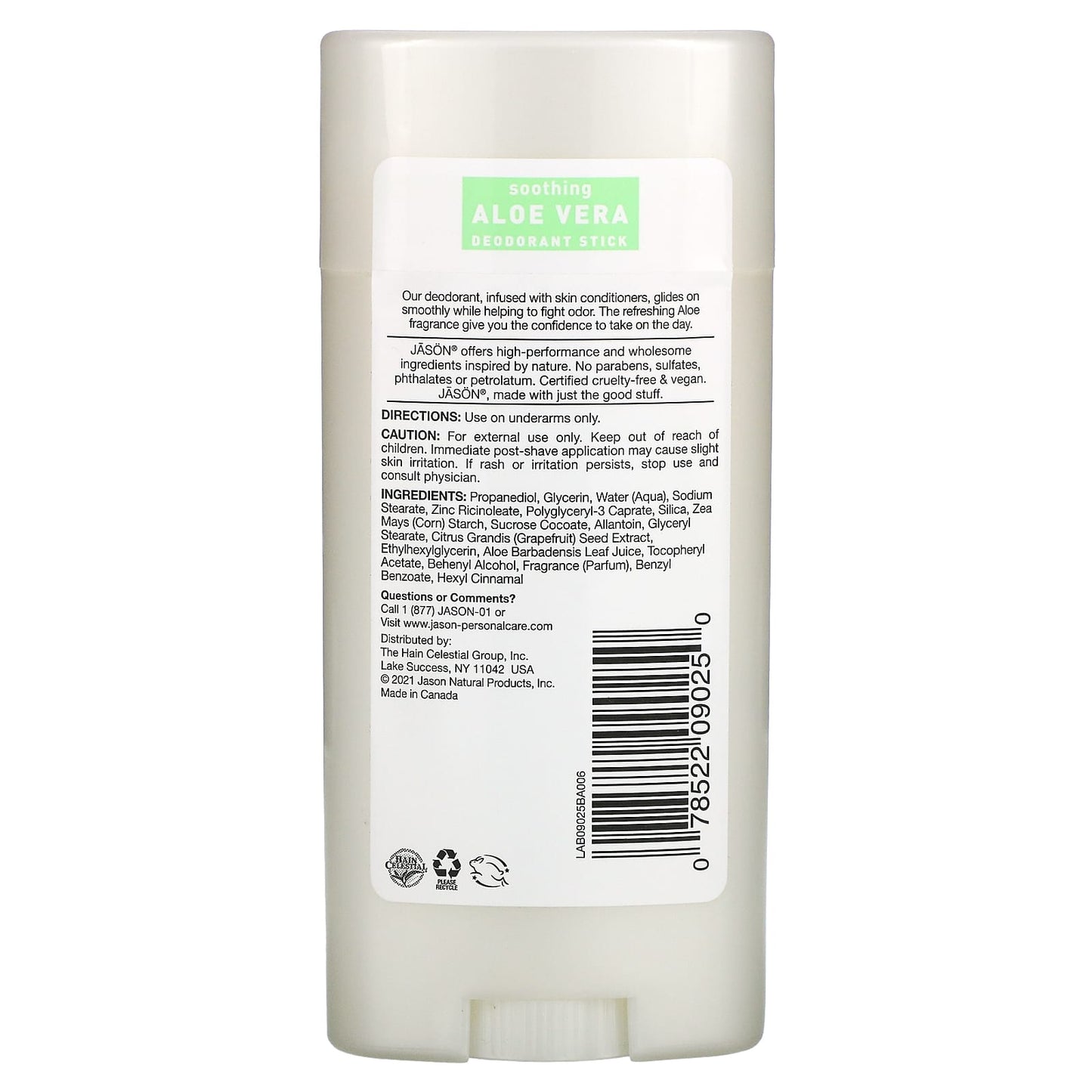 Jason, Deodorant Aloe Vera Stick, 2.5 Oz UPC 078522090250 | HiLife Vitamins