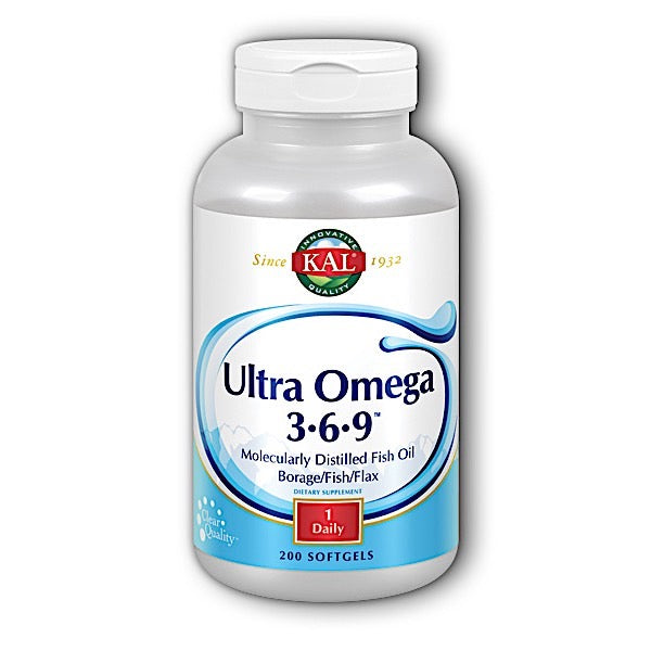 Kal, Omega 3-6-9 Ultra 1200 mg, 200 Softgels UPC 021245107156 | HiLife Vitamins