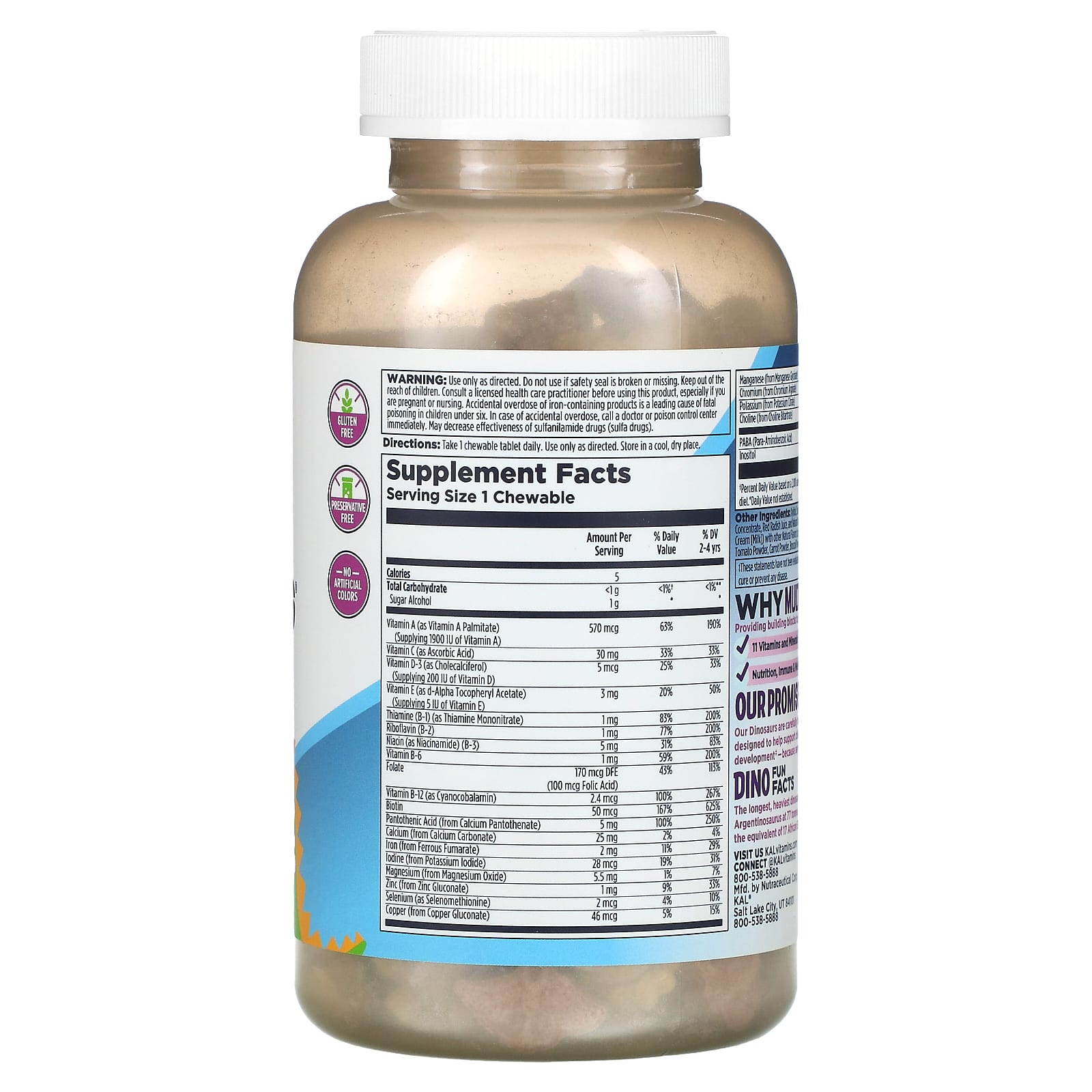 Kal, MultiSaurusMixed Flavors, 180 Chewables UPC 021245134633 | HiLife Vitamins