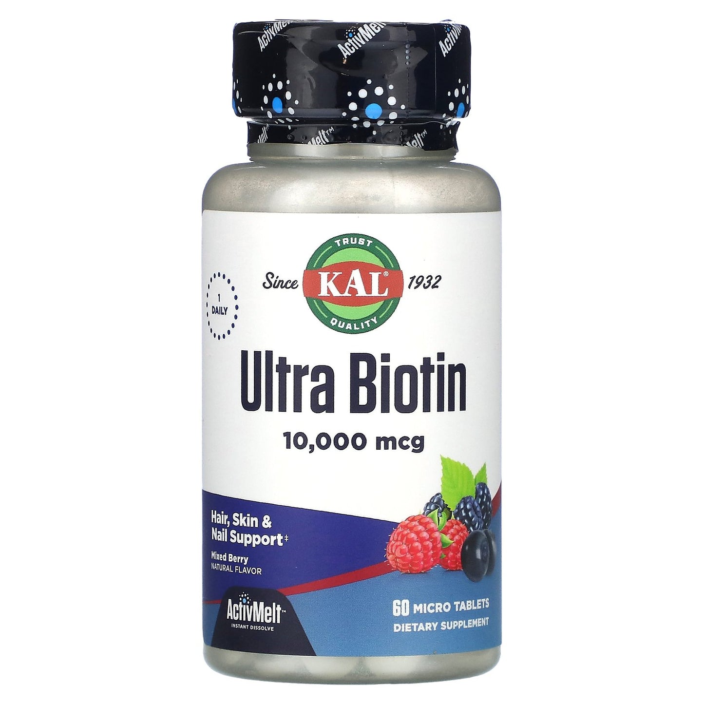 Kal, Ultra Biotin, ActivMelt, Mixed Berry, 10,000 mcg, 60 Lozenges UPC 021245234258 | HiLife Vitamins
