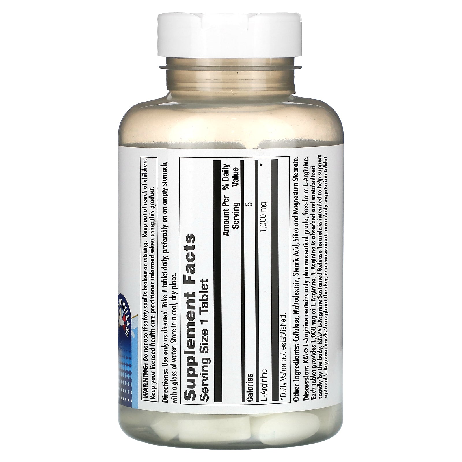 Kal, L-Arginine, 1,000 mg, 120 Tablets UPC 021245278672 | HiLife Vitamins