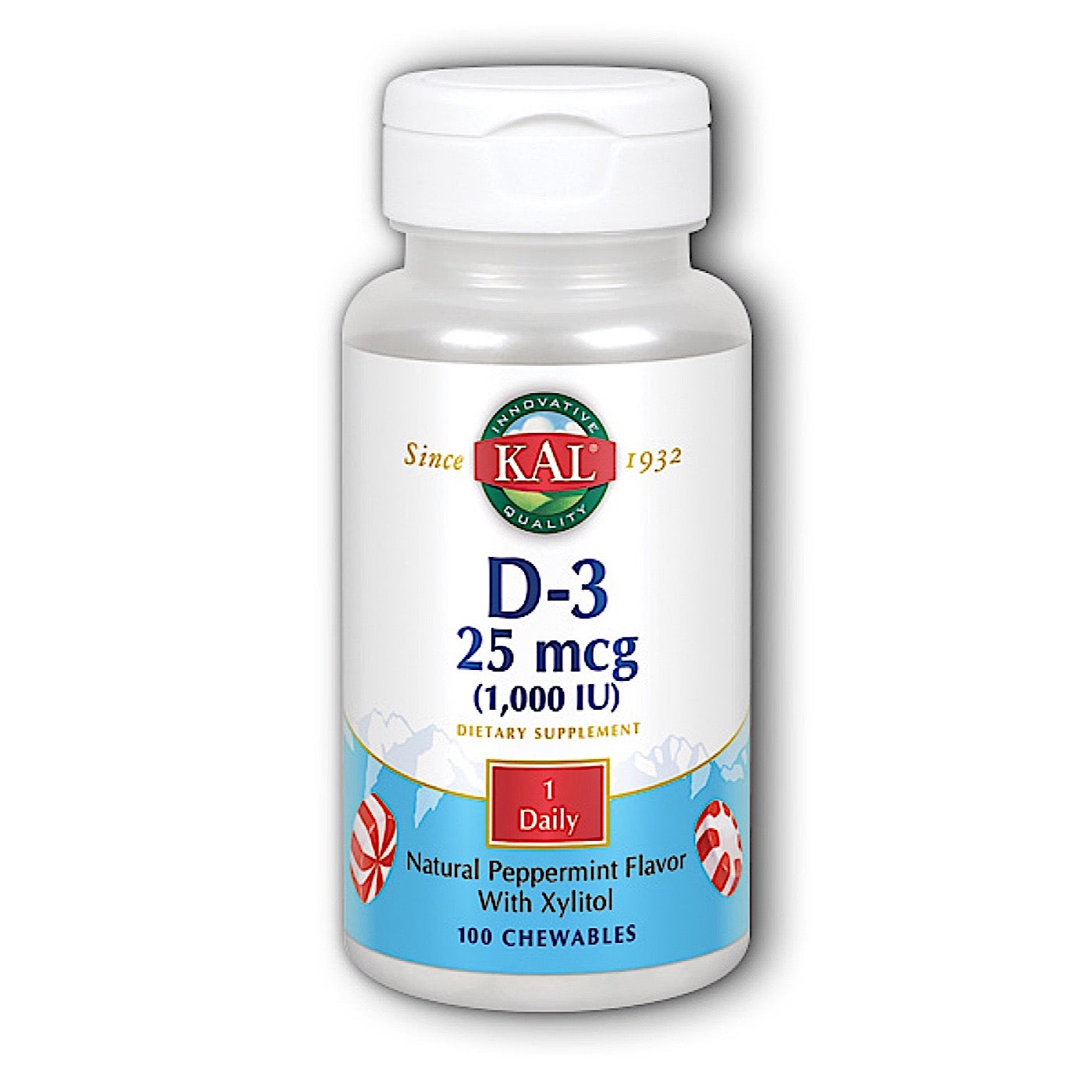 Kal, D-3 Cholecalciferol Peppermint 1000iu, 100 Chewables UPC 021245385677 | HiLife Vitamins