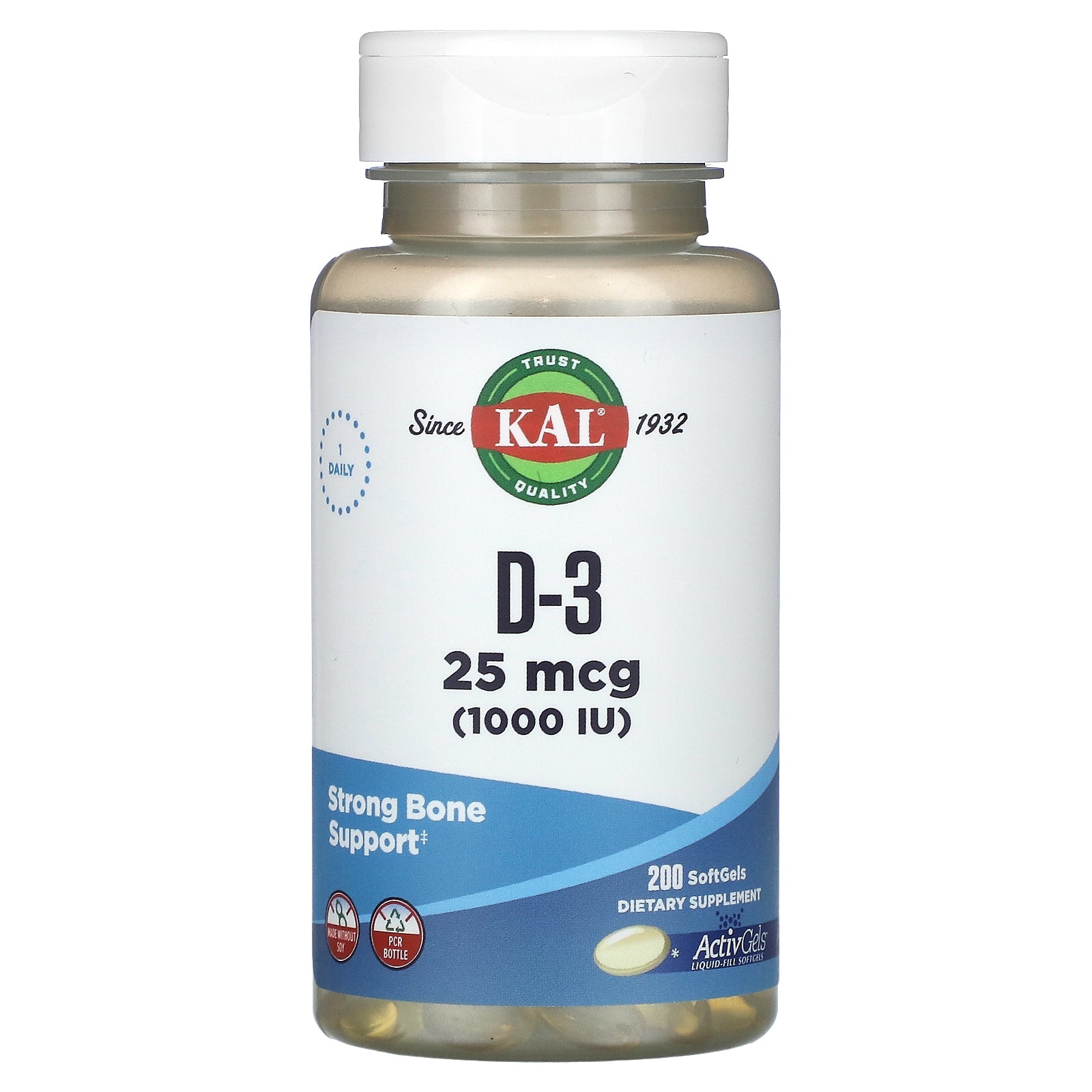 Kal, D-3 , 25 mcg (1,000 IU), 200 Softgels UPC 021245428589 | HiLife Vitamins
