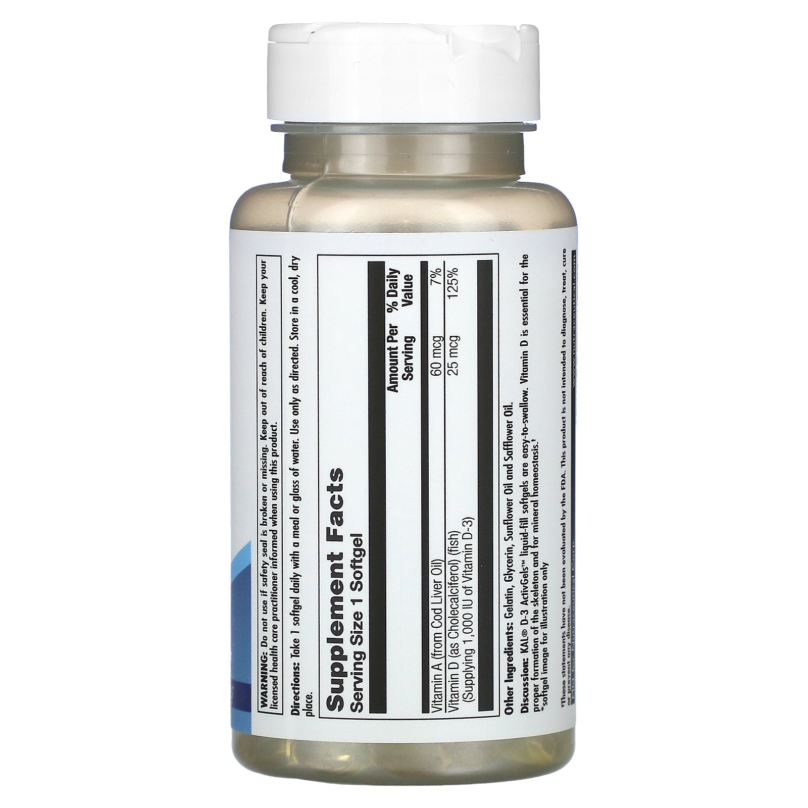 Kal, D-3 , 25 mcg (1,000 IU), 200 Softgels UPC 021245428589 | HiLife Vitamins