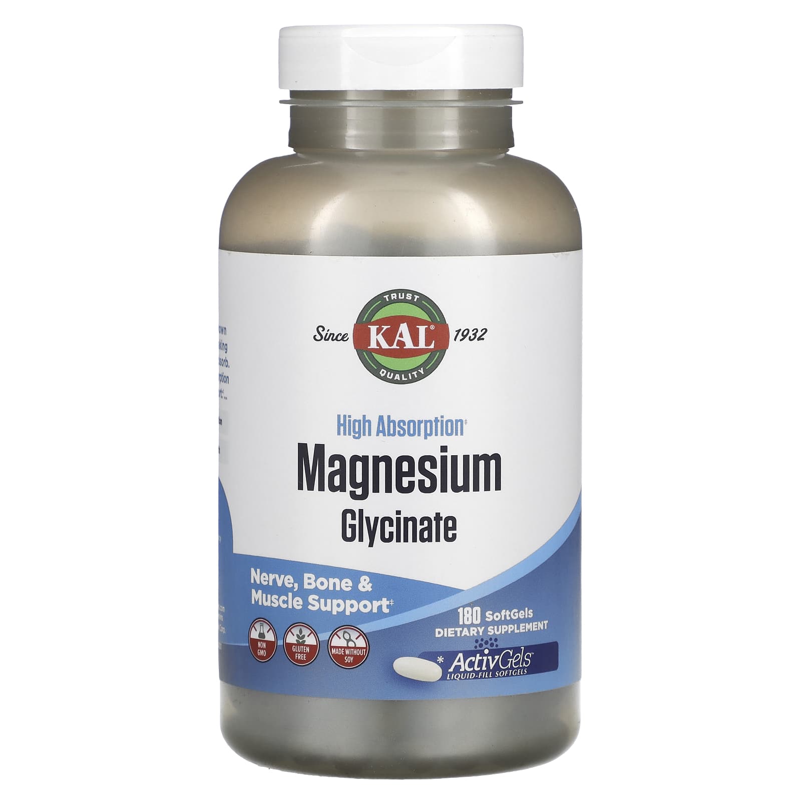 Kal, High Absorption Magnesium Glycinate, 180 Softgels UPC 021245428923 | HiLife Vitamins