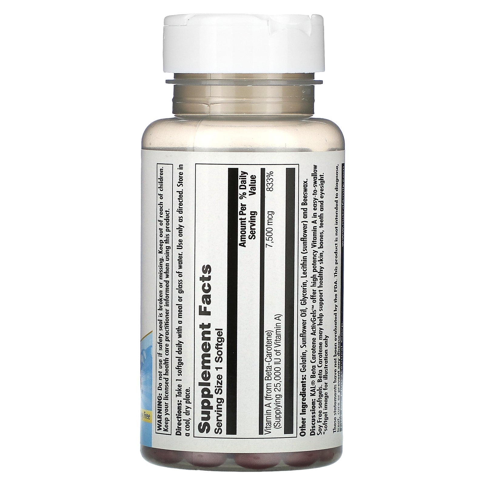 Kal, Beta Carotene, 7,500 mcg (25,000 IU), 100 Softgels UPC 021245548348 | HiLife Vitamins