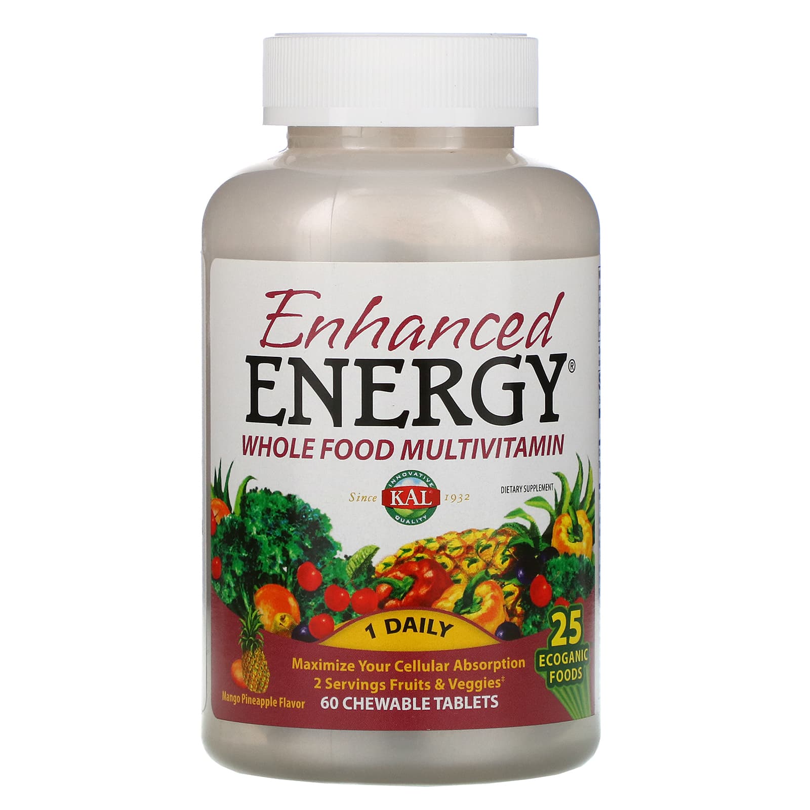 Kal, Enhanced Energy, Whole Food Multivitamin, Mango Pineapple Flavor, 60 Chewable Tablets UPC 021245551195 | HiLife Vitamins