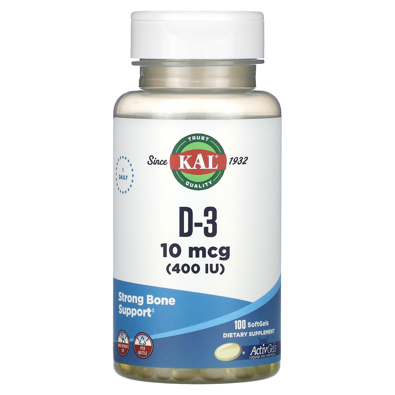 Kal, D-3, 10 mcg (400 IU), 100 Softgels UPC 021245600008 | HiLife Vitamins