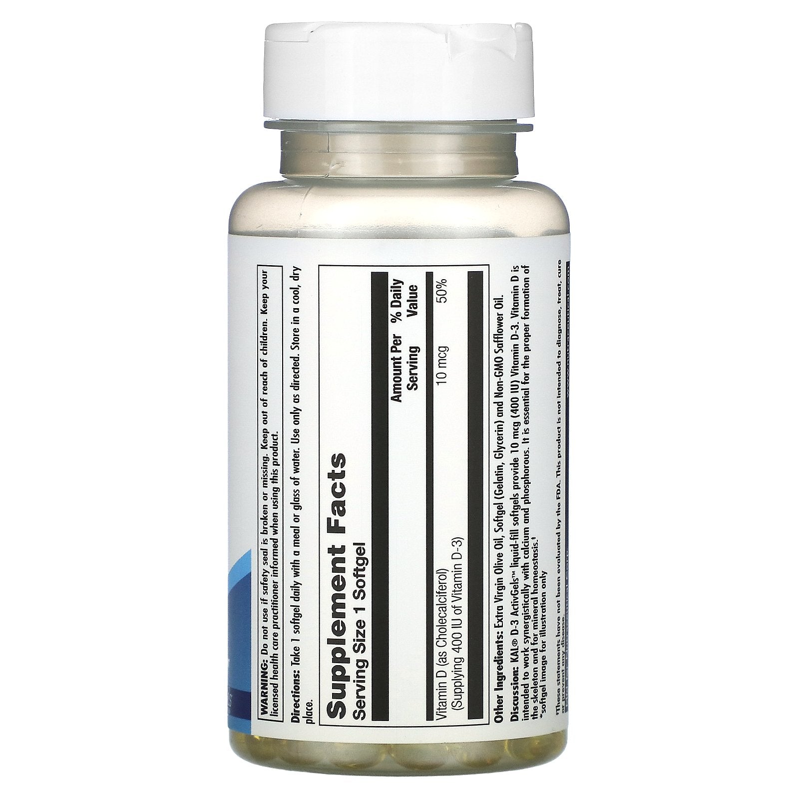 Kal, D-3, 10 mcg (400 IU), 100 Softgels UPC 021245600008 | HiLife Vitamins