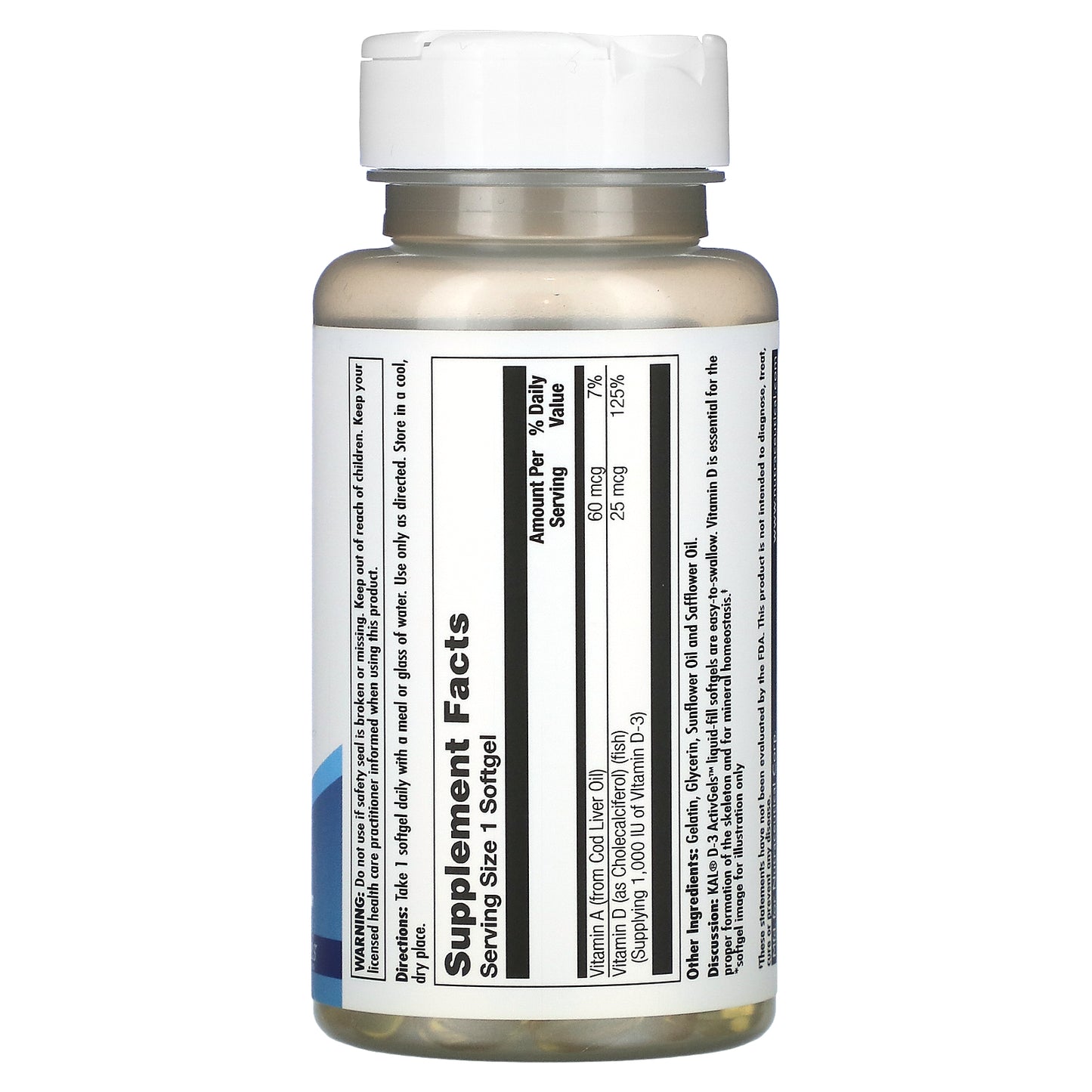 Kal, D-3, 25 mcg (1,000 IU), 100 Softgels UPC 021245600107 | HiLife Vitamins