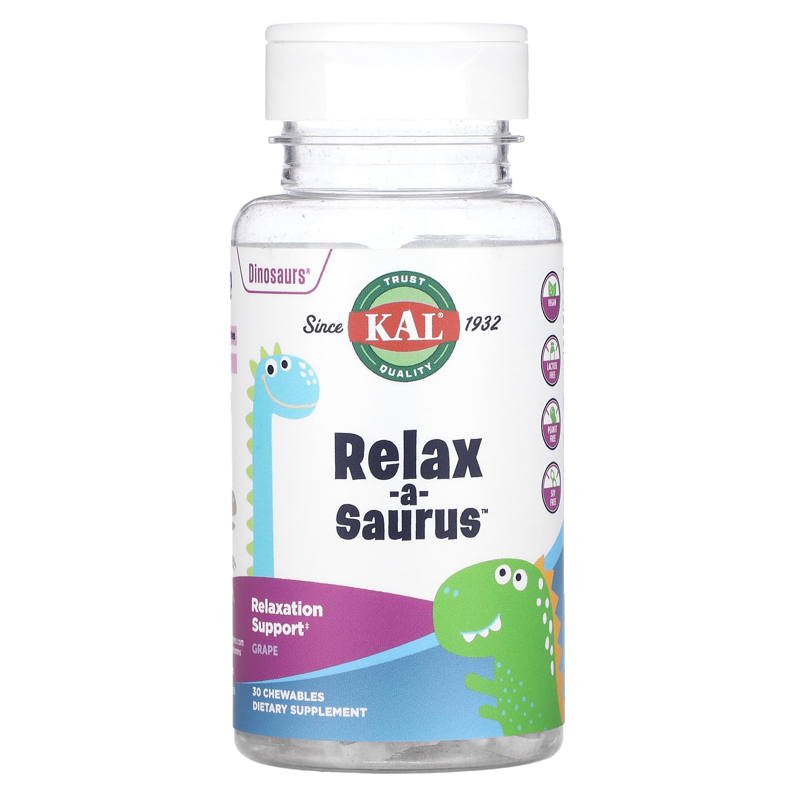 Kal, Relax-A-Saurus Grape, 30 Chewables UPC 021245602217 | HiLife Vitamins