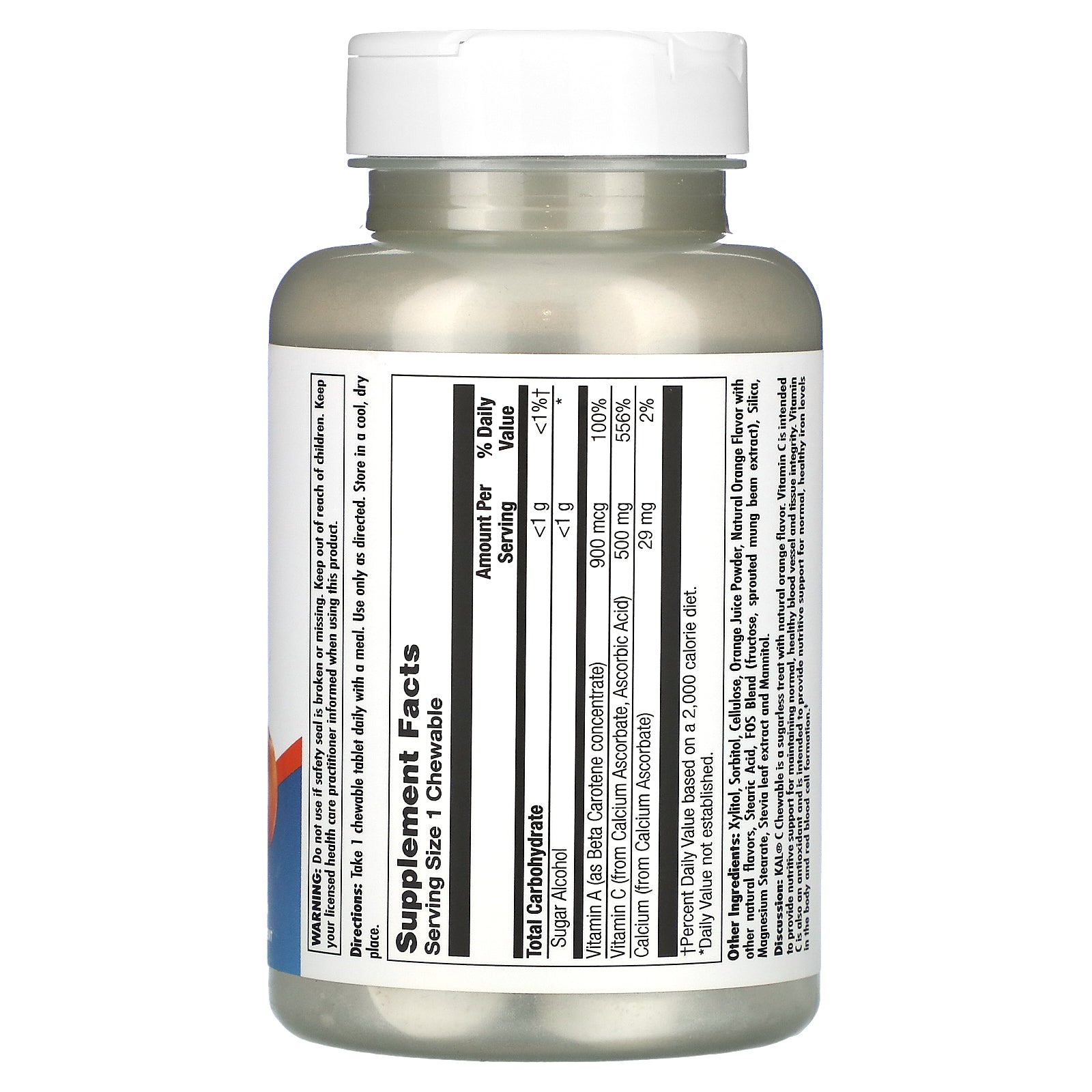 Kal, C Chewable Sugarless, Orange, 500 mg, 60 Chewables UPC 021245671978 | HiLife Vitamins