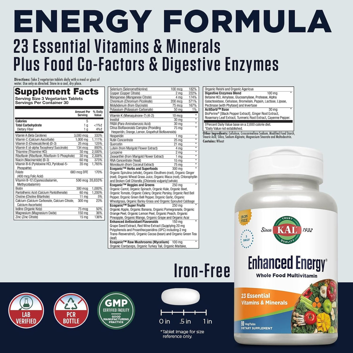 Kal, Enhanced Energy Iron Free, 90 Tablets UPC 021245710028 | Hilife Vitamins