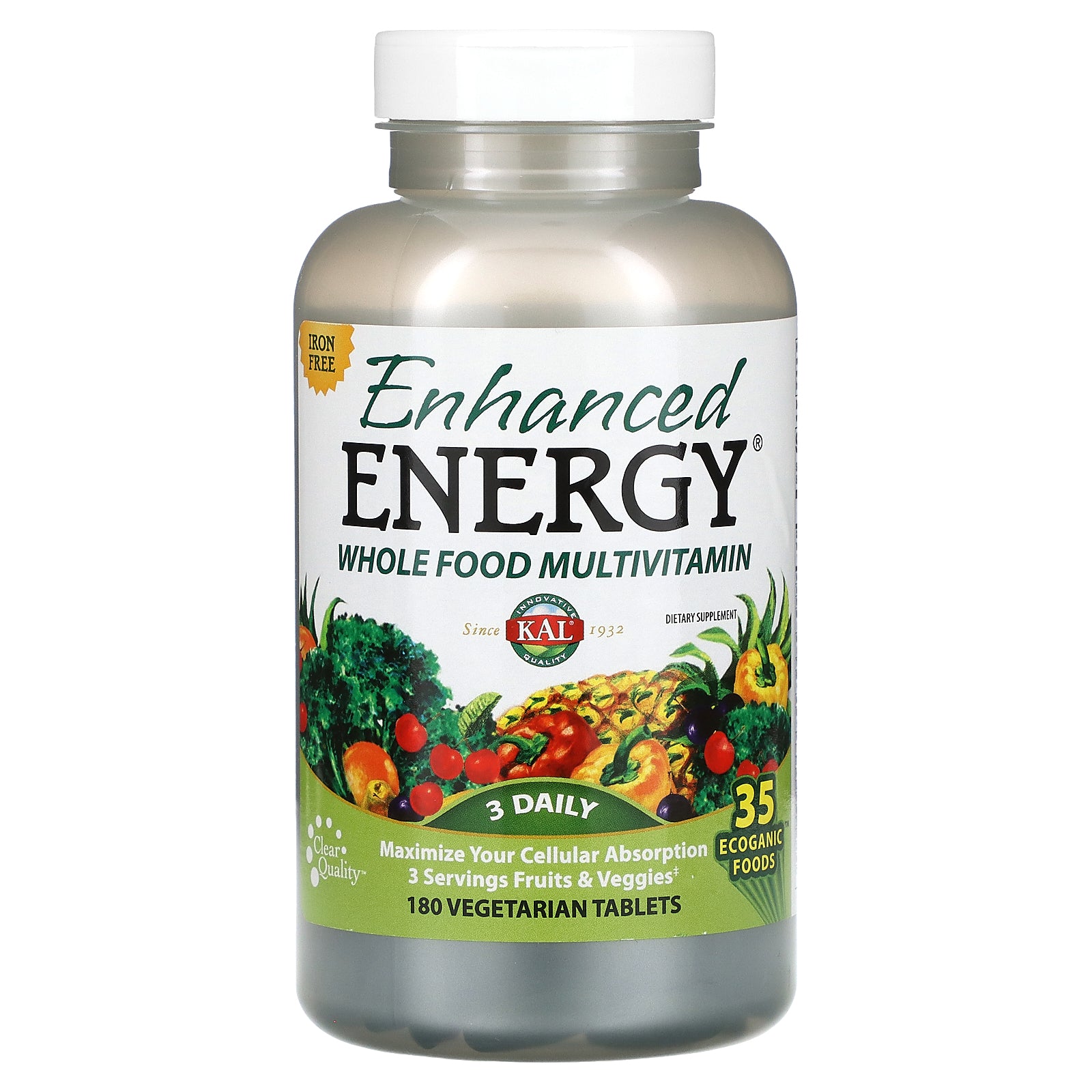 Kal, Enhanced Energy, Whole Food Multivitamin, Iron Free, 180 Tablets UPC 021245710080 | HiLife Vitamins