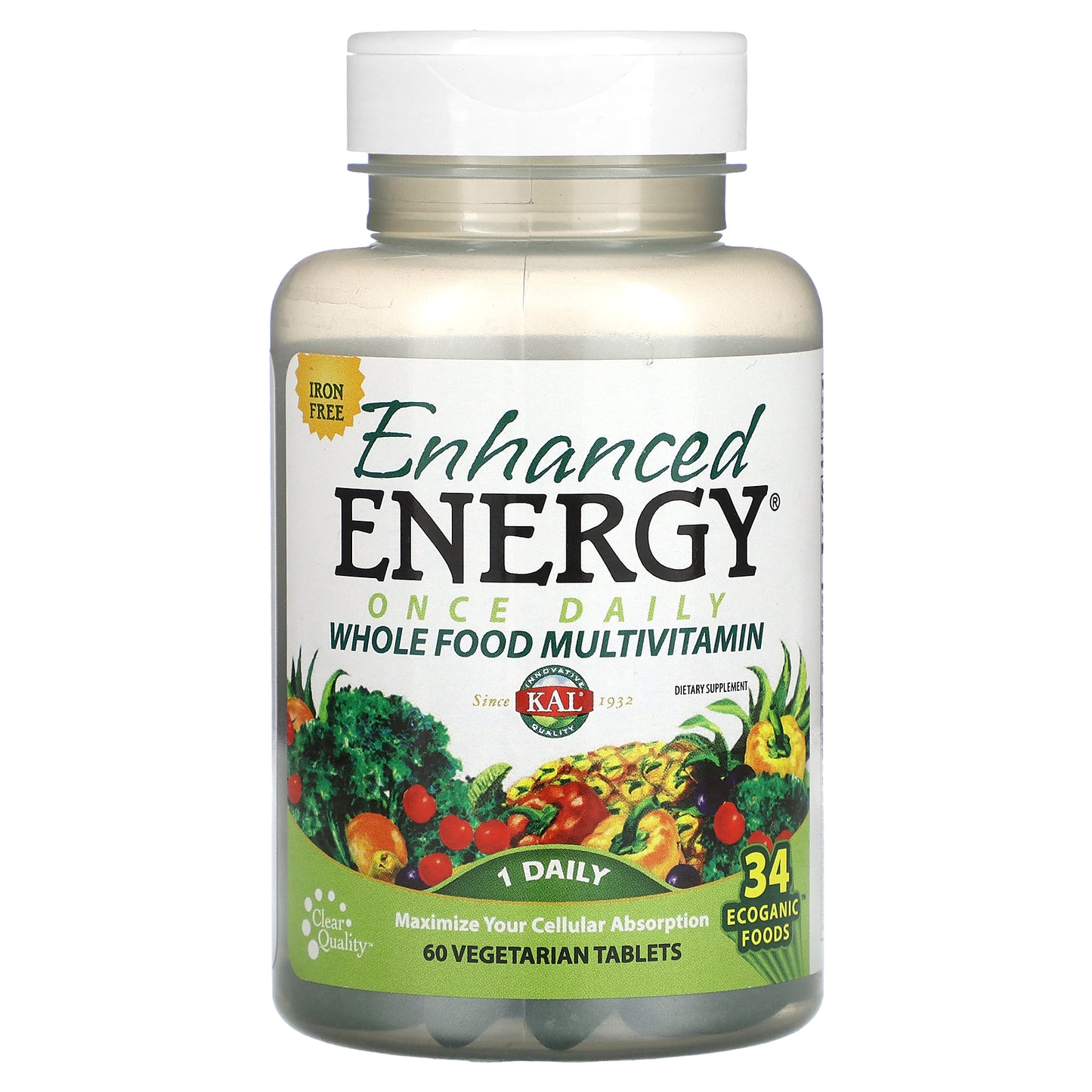 Kal, Enhanced Energy, Once Daily Whole Food Multivitamin, Iron Free, 60 Tablets UPC 021245729099 | HiLife Vitamins