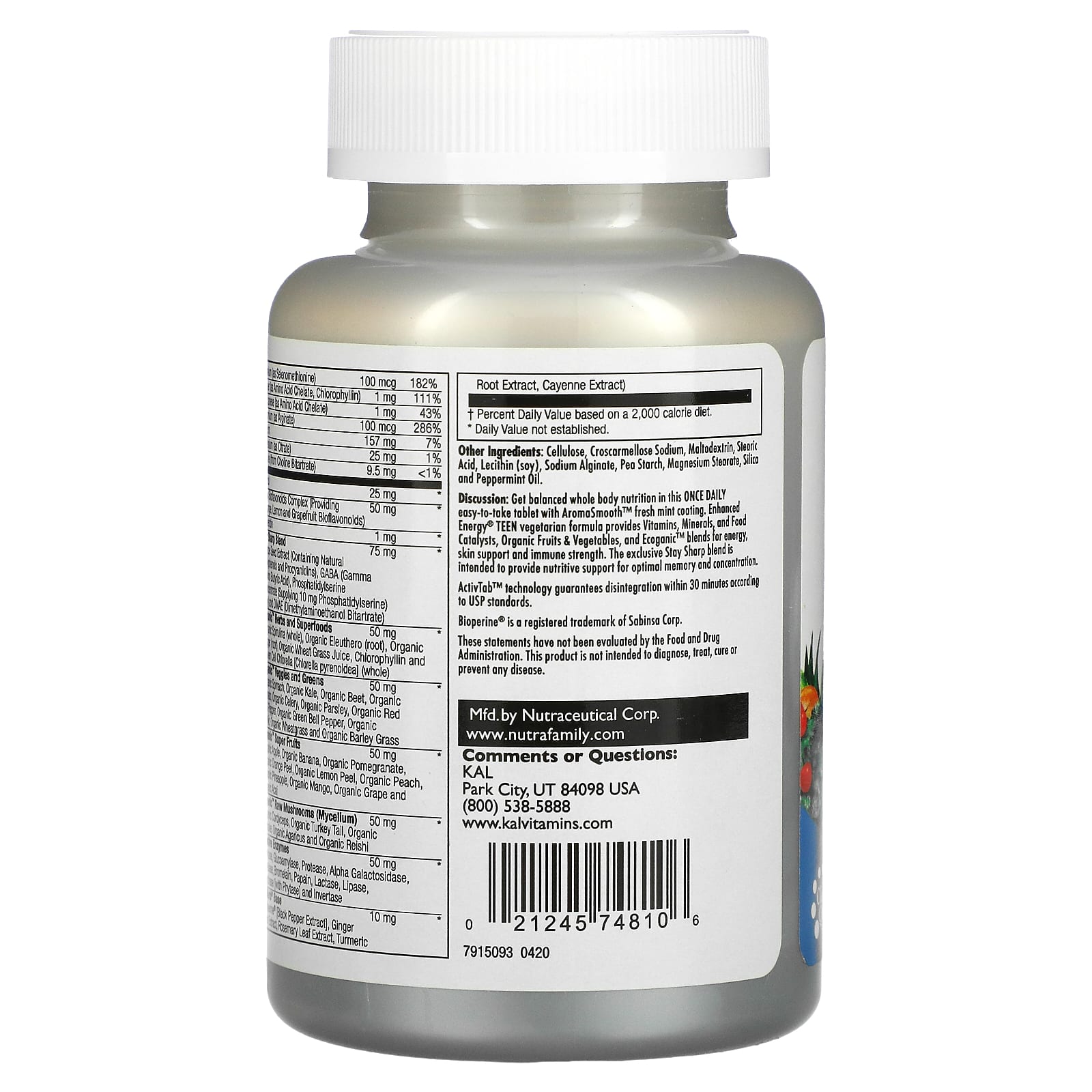Kal, Enhanced Energy TEEN, 60 Tablets UPC 021245748106 | HiLife Vitamins