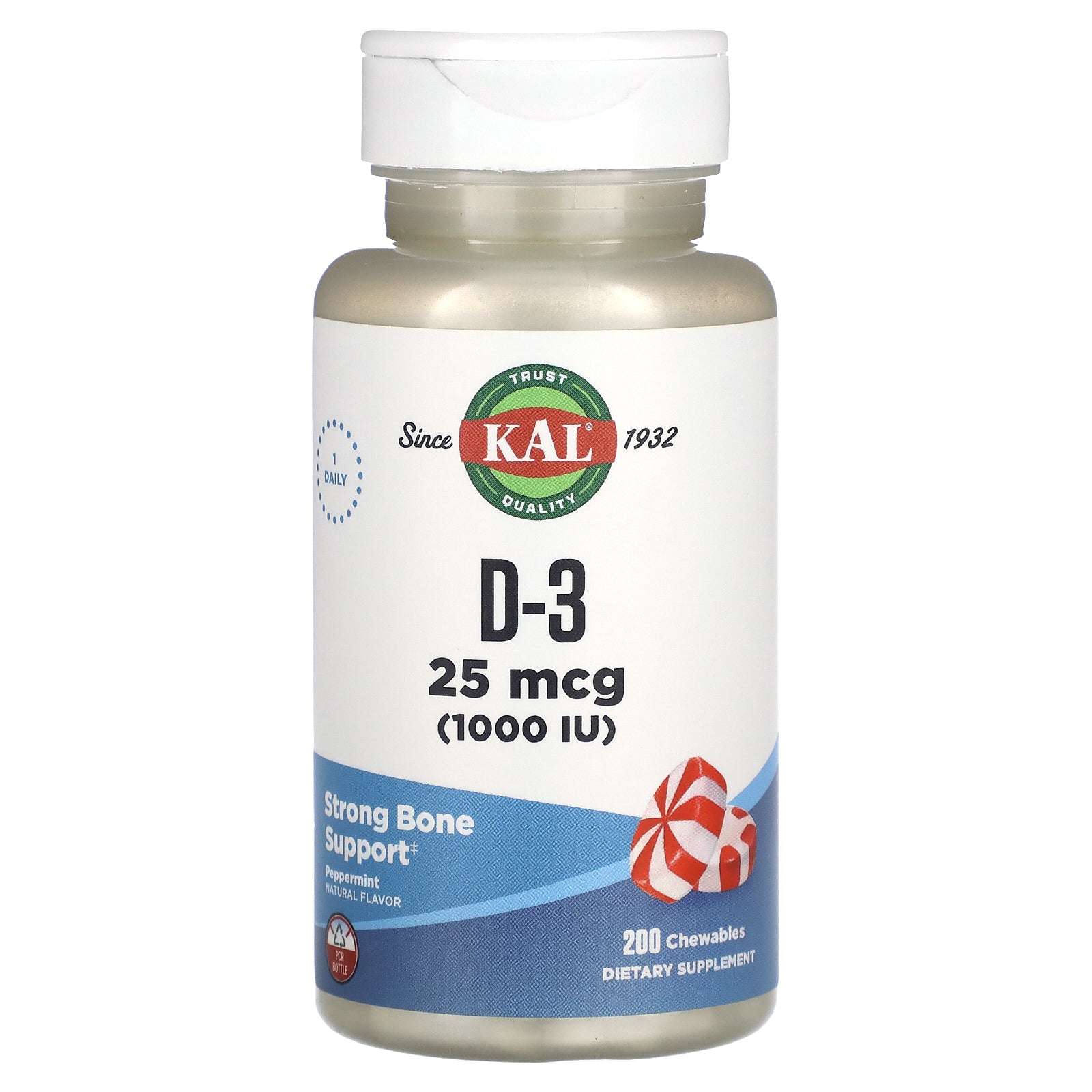 Kal, D-3, Peppermint, 25 mcg (1,000 IU), 200 Chewables UPC 021245903437 | HiLife Vitamins
