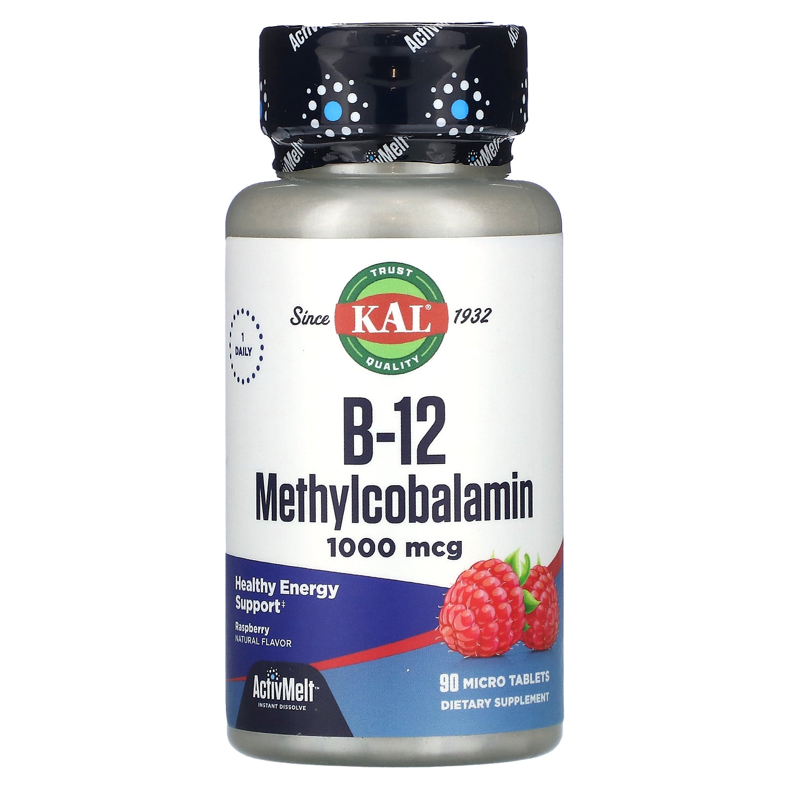 Kal, B-12 Methylcobalamin, Raspberry, 1,000 mcg, 90 Micro Tablets UPC 021245934332 | HiLife Vitamins