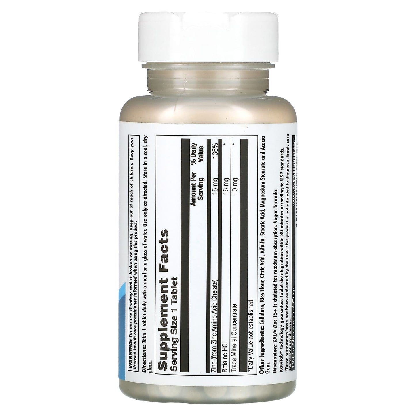 Kal, Zinc 15+ Chelated 15mg, 100 Tablets UPC 021245961239 | HiLife Vitamins