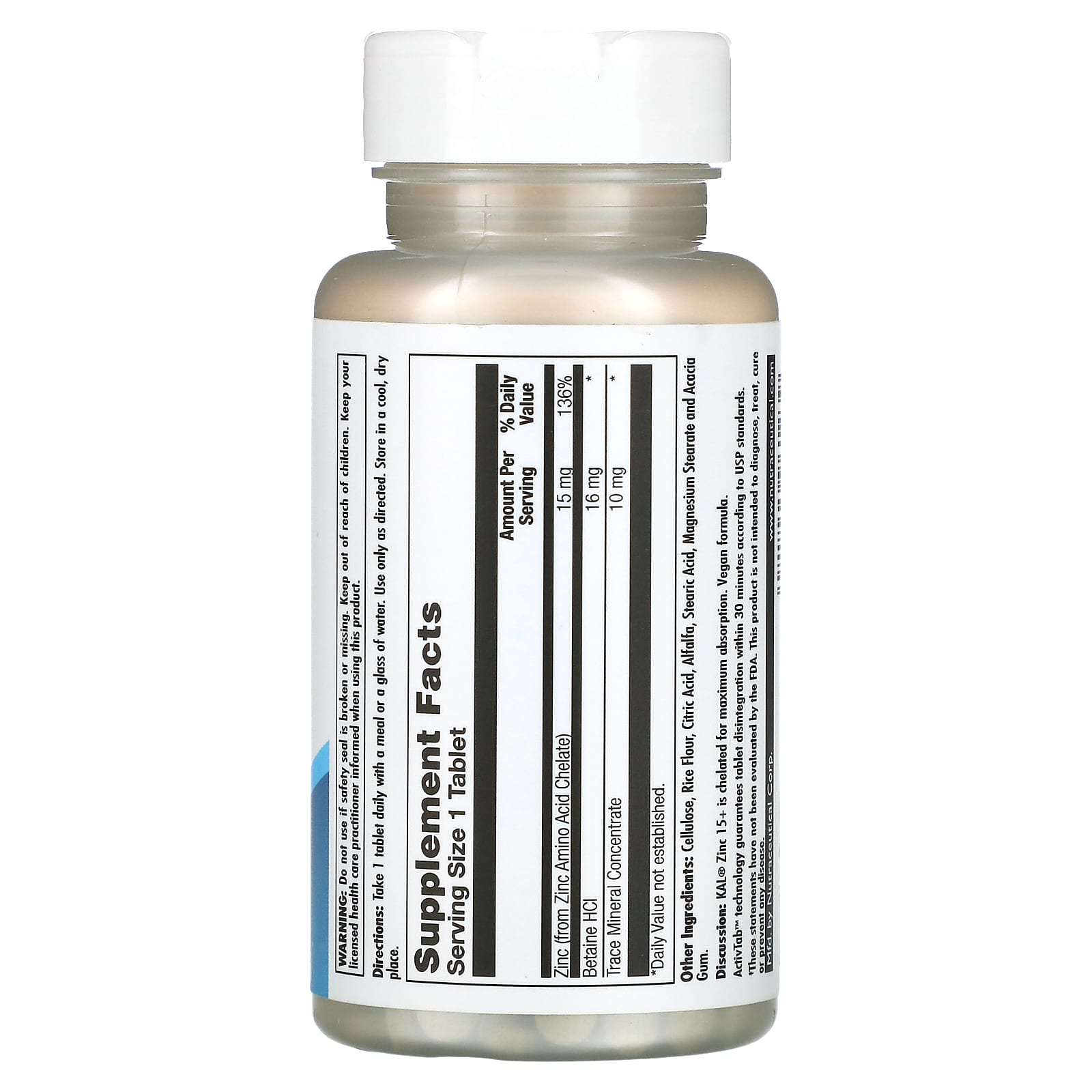 Kal, Zinc 15+ Chelated 15mg, 100 Tablets UPC 021245961239 | HiLife Vitamins