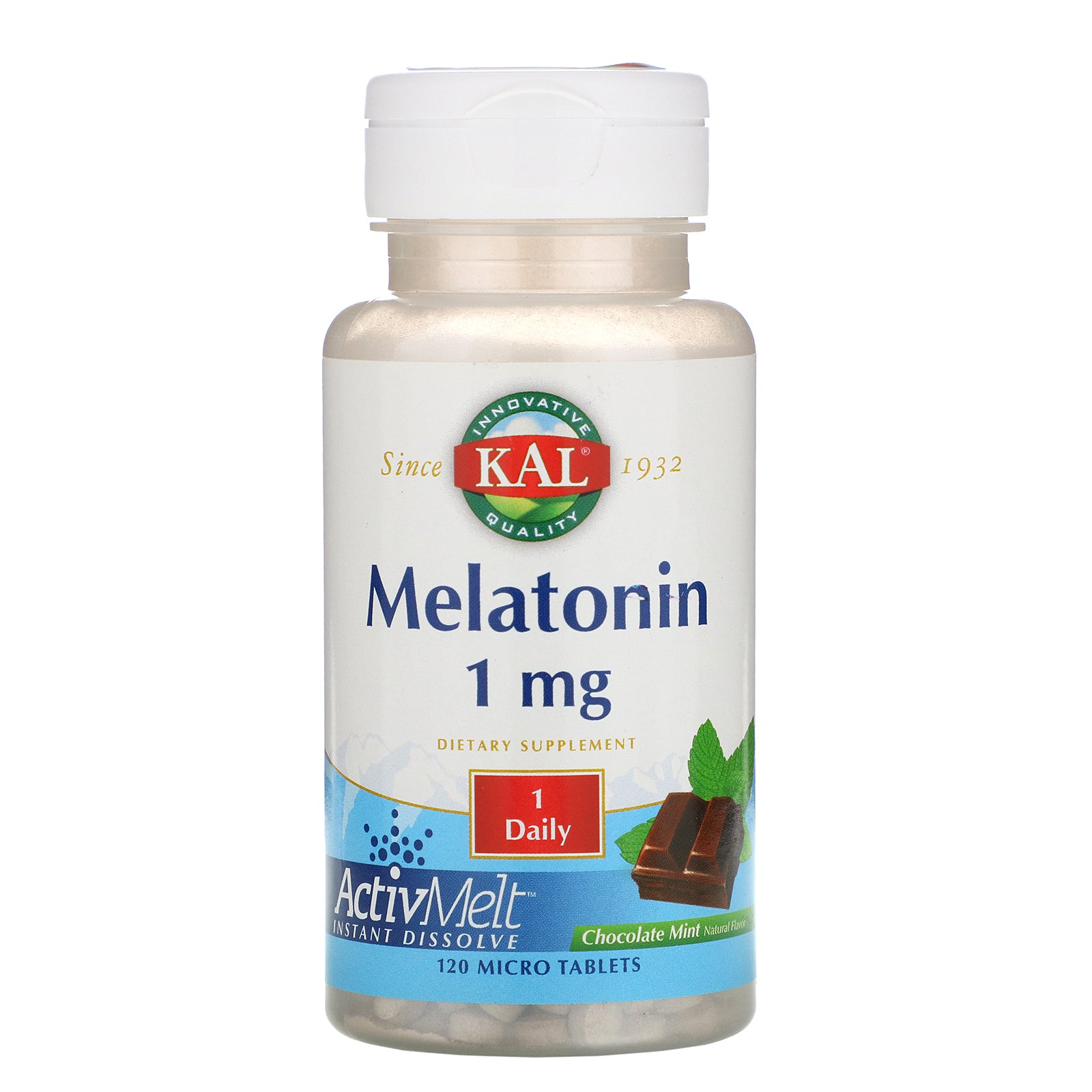 Kal, Melatonin Chocolate Mint 1 mg, 120 Micro Tablets UPC 021245986539 | HiLife Vitamins