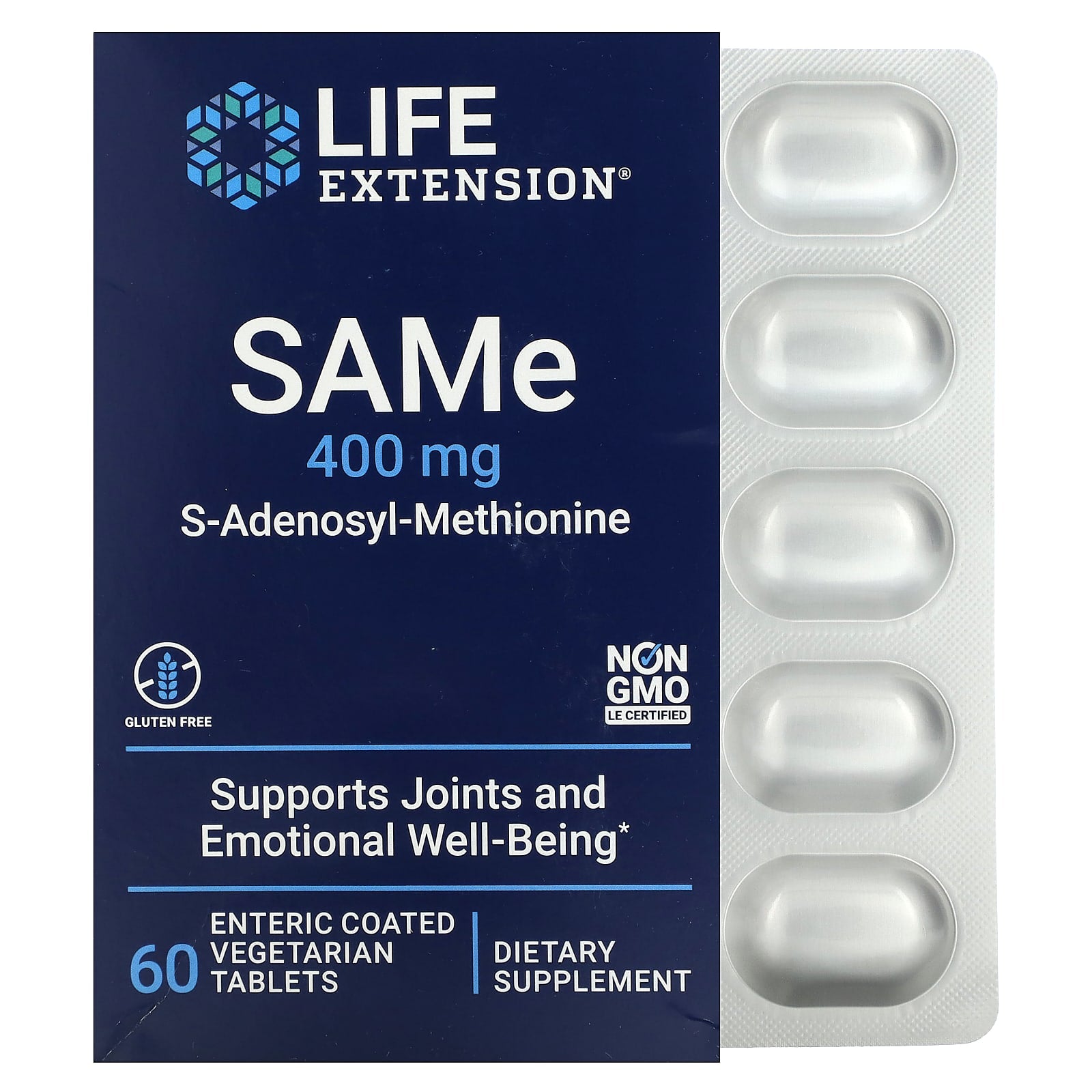 Life Extension, SAMe S-Adenosyl-Methionine, 400 mg, 60 Enteric-Coated Tablets UPC 737870217466 | HiLife Vitamins