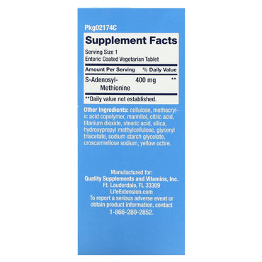 Life Extension, SAMe S-Adenosyl-Methionine, 400 mg, 60 Enteric-Coated Tablets UPC 737870217466 | HiLife Vitamins