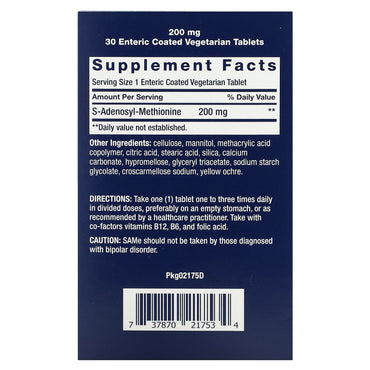 Life Extension, SAMe S-Adenosyl-Methionine, 200 mg, 30 Enteric Coated Tablets UPC 737870217534 | HiLife Vitamins