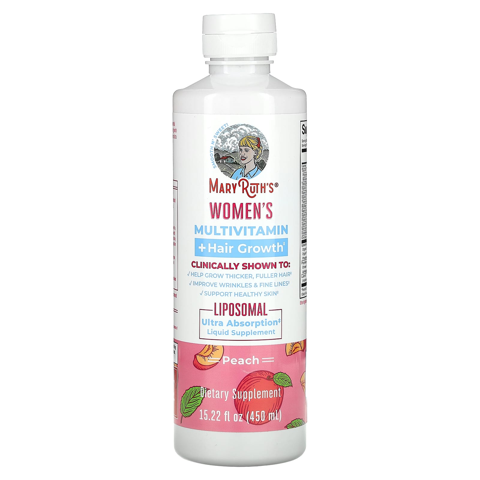 MaryRuth's, Women's Multivitamin + Hair Growth, Peach, 15.22 fl oz (450 ml) UPC 810104622349 | HiLife Vitamins