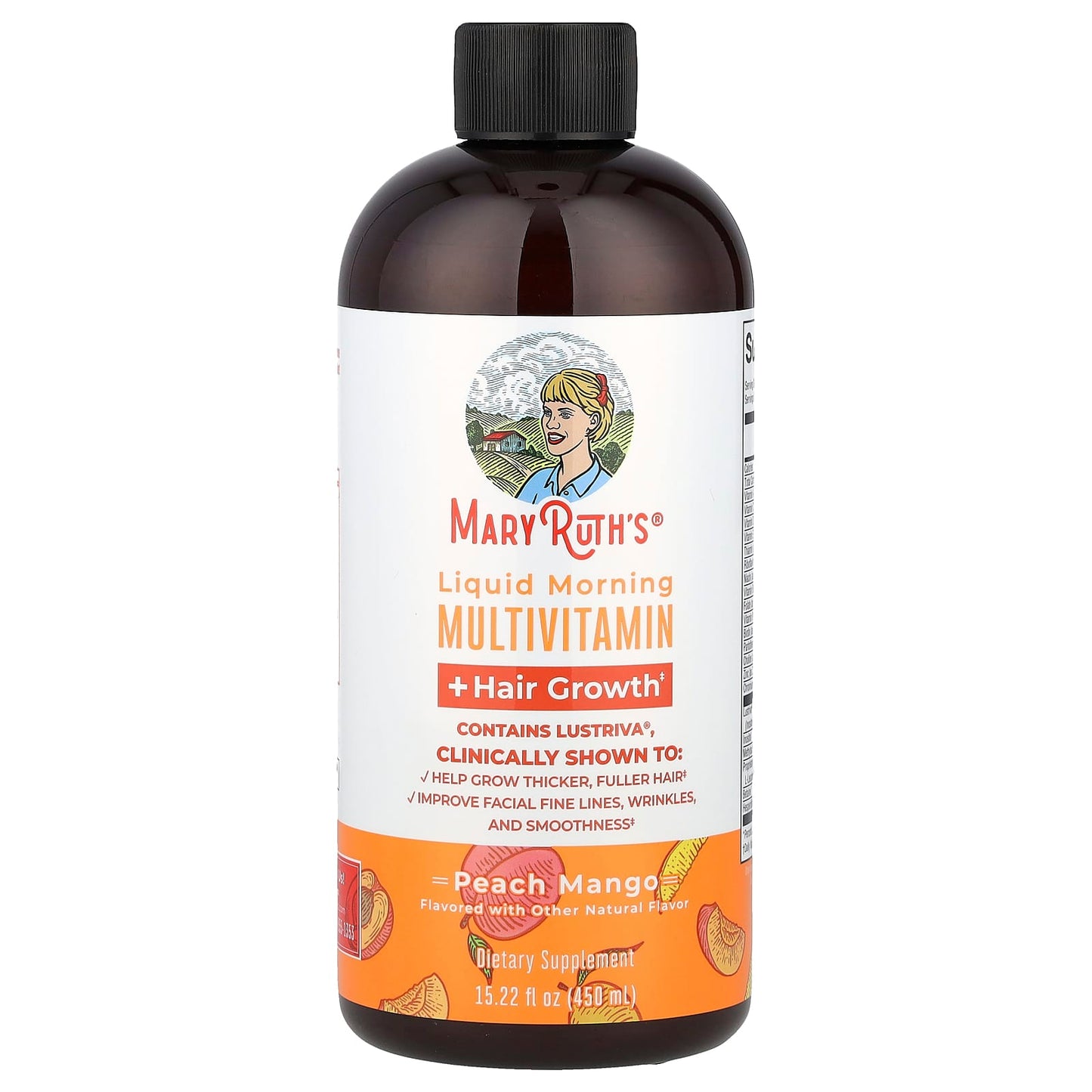 MaryRuth's, Liquid Morning Multivitamin + Hair Growth, Peach Mango, 15.22 fl oz (450 ml) UPC 810104622851 | HiLife Vitamins
