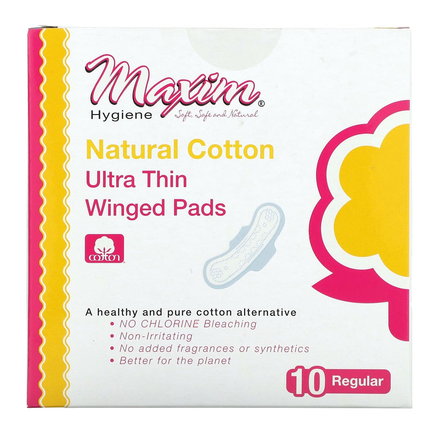 Maxim Hygiene Products, Organic Natural Cotton Ultra Thin Winged Pads Regular, 10 UPC 895199001170 | Hilife Vitamins
