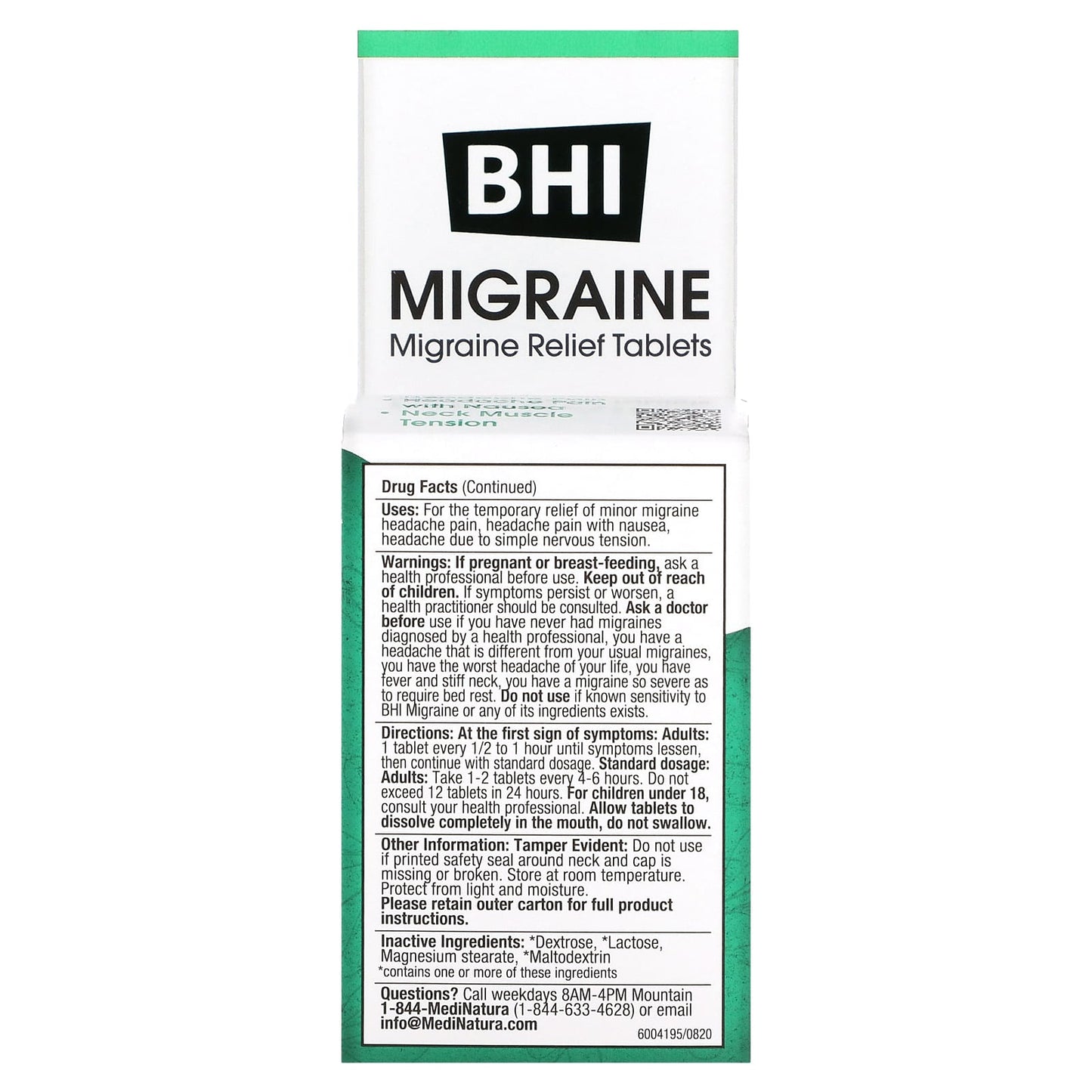 Medinatura, BHI Migraine, 100 Tablets UPC 787647100323 | Hilife Vitamins