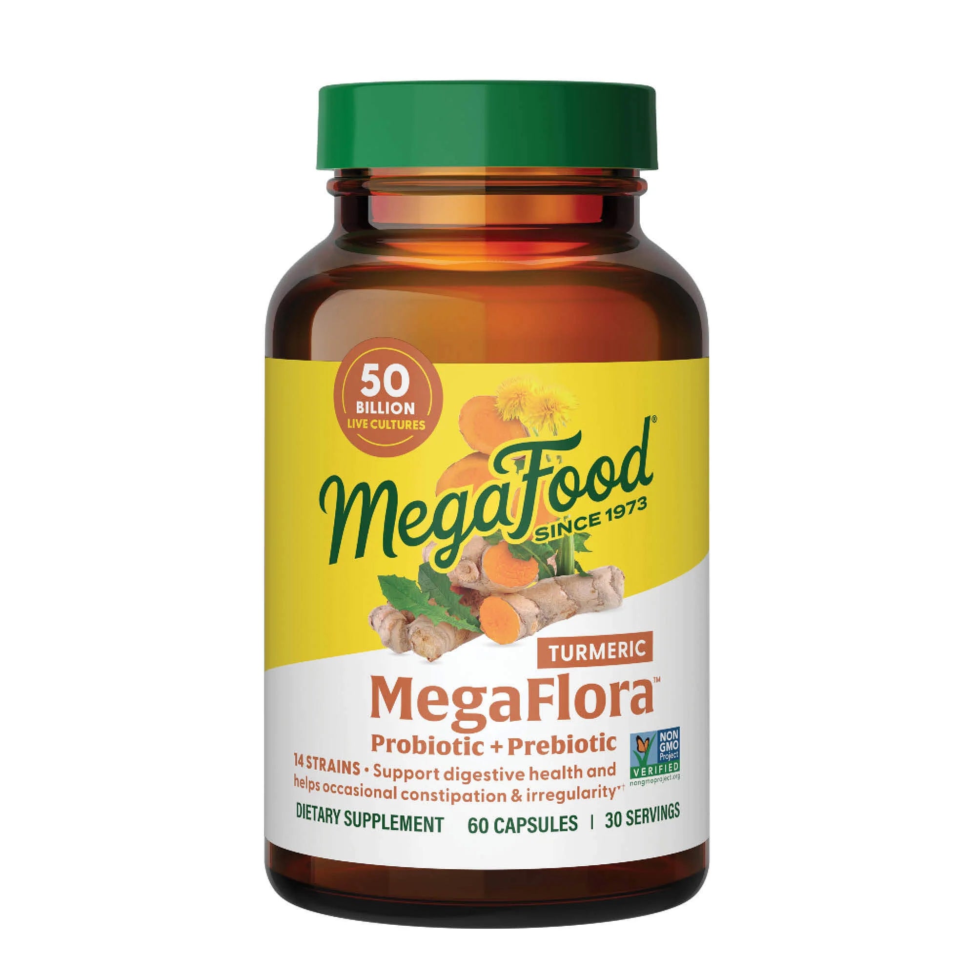 Megafood, MegaFlora® Probiotic + Prebiotic with Turmeric, 60 Capsules UPC 051494100233 | HiLife Vitamins