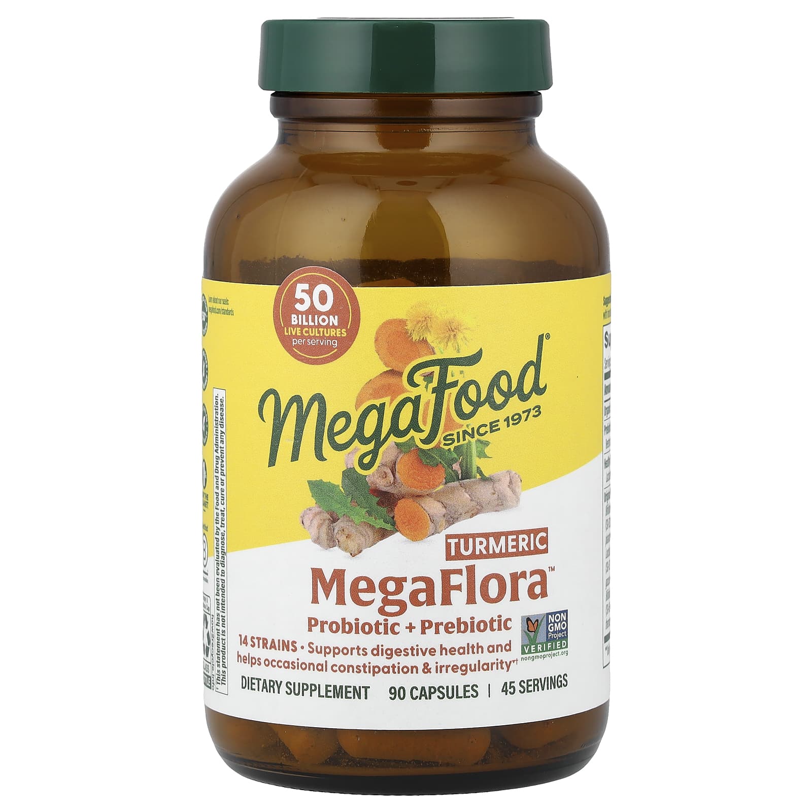 Megafood, MegaFlora™, Probiotic + Prebiotic with Turmeric, 90 Capsules UPC 051494100257 | HiLife Vitamins