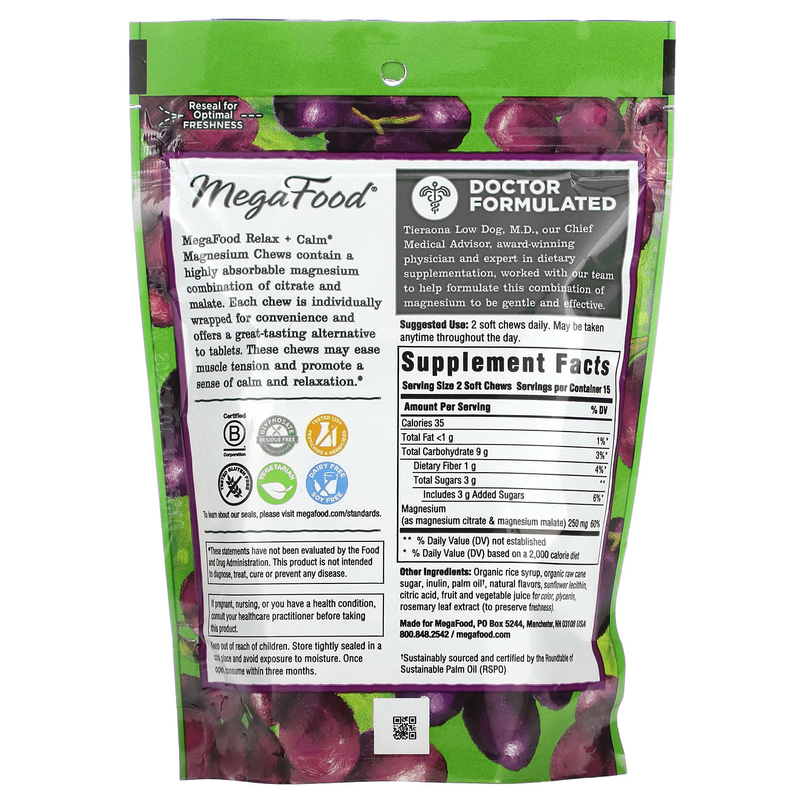 Megafood, Relax & Calm Magnesium Soft Chews, Grape, 30 Soft Chews UPC 051494103999 | HiLife Vitamins